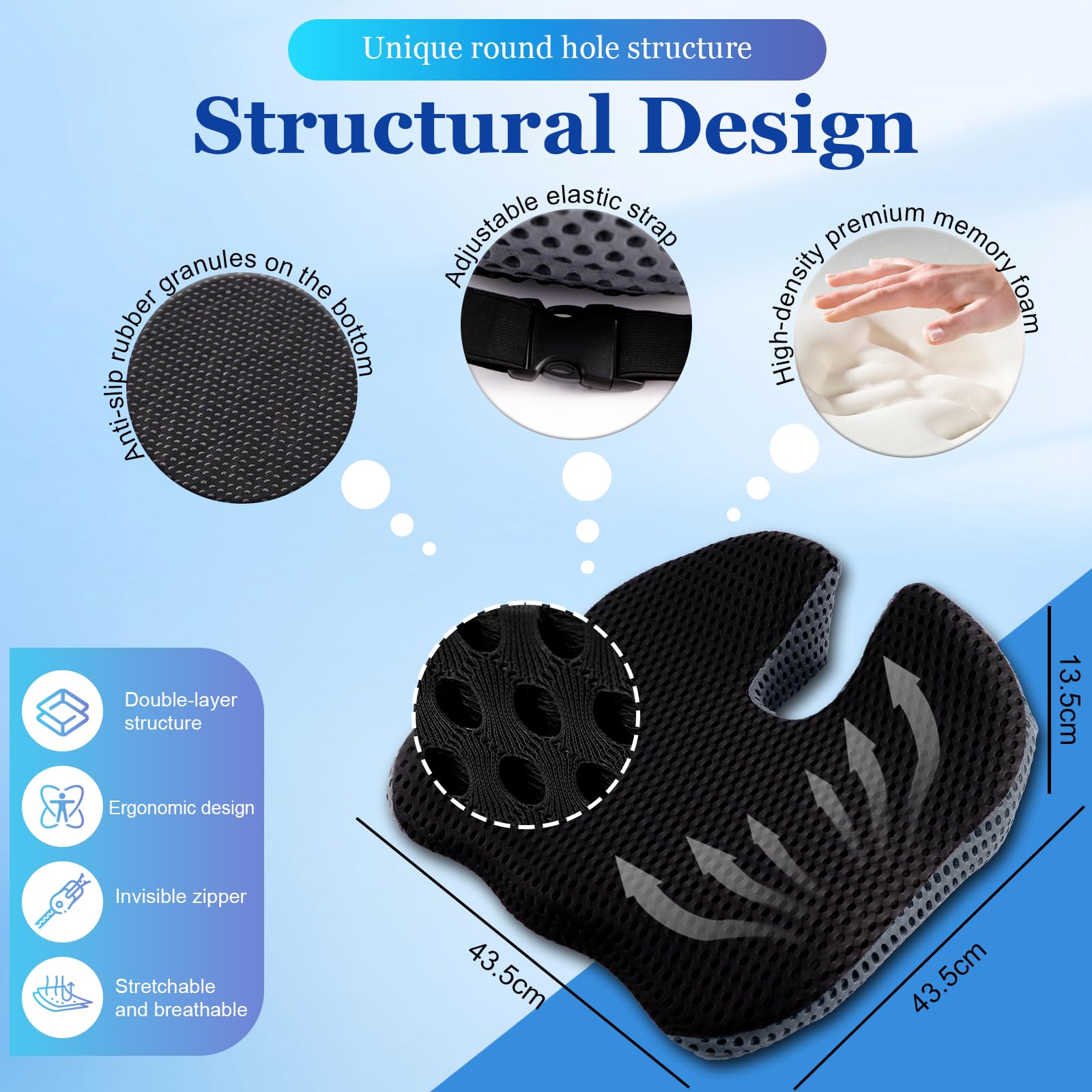 Veloray Cuscino per Sedile Auto Guidatore, Memory Foam Cuscino Ergonomico, Cuscino per Coccige e Sciatica, Per alla Maggior Parte Delle Auto, SUV, Camion e Furgoni - Nero