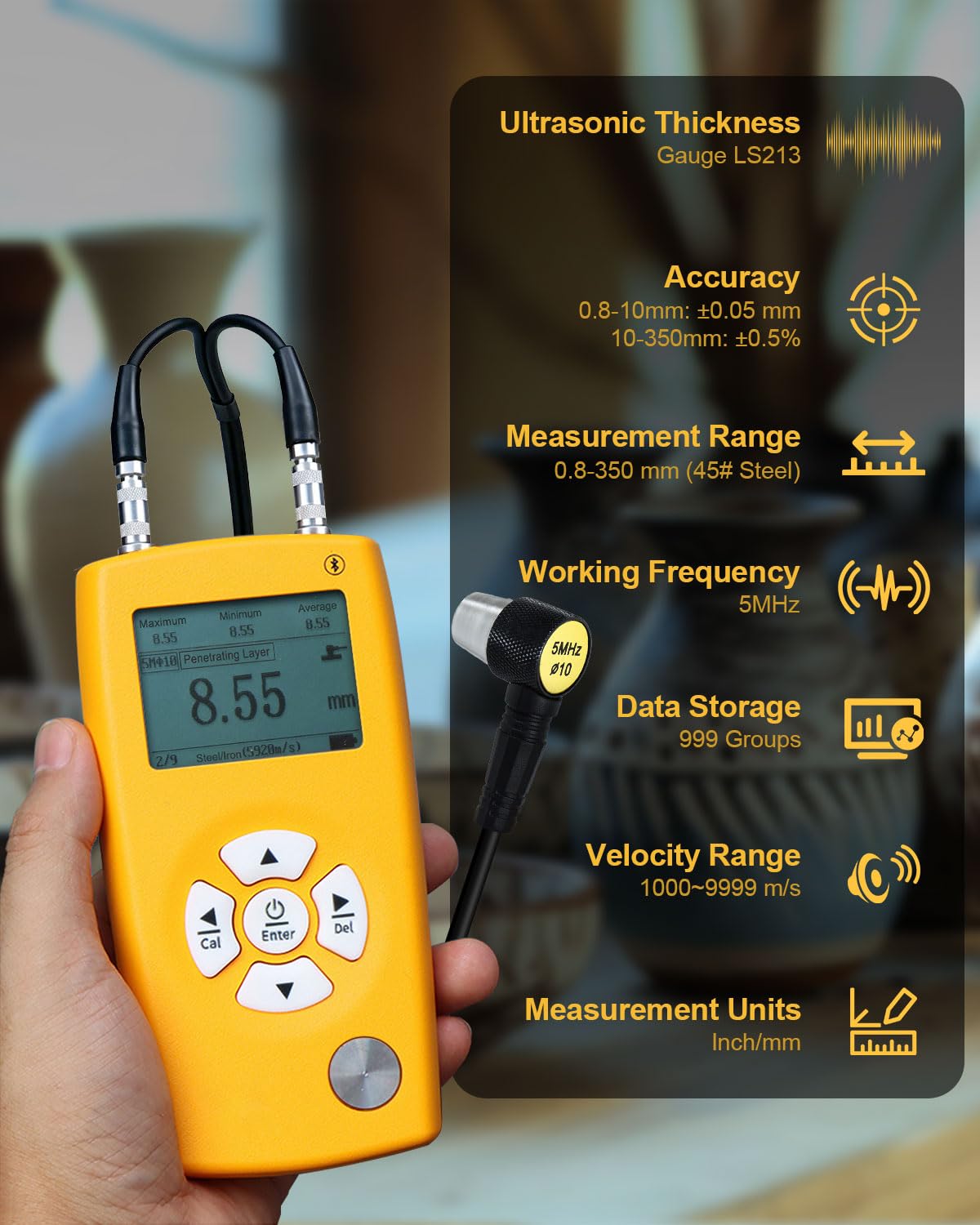 Spessimetro Digitale Ultrasuoni Intervallo di Misura 0,8-350mm, sonda da 5MHz φ10 mm, Compatibile con App e 999 Dati, Thickness Gauge per Acciaio, Metallo, Plastica, Vetro, Ceramica