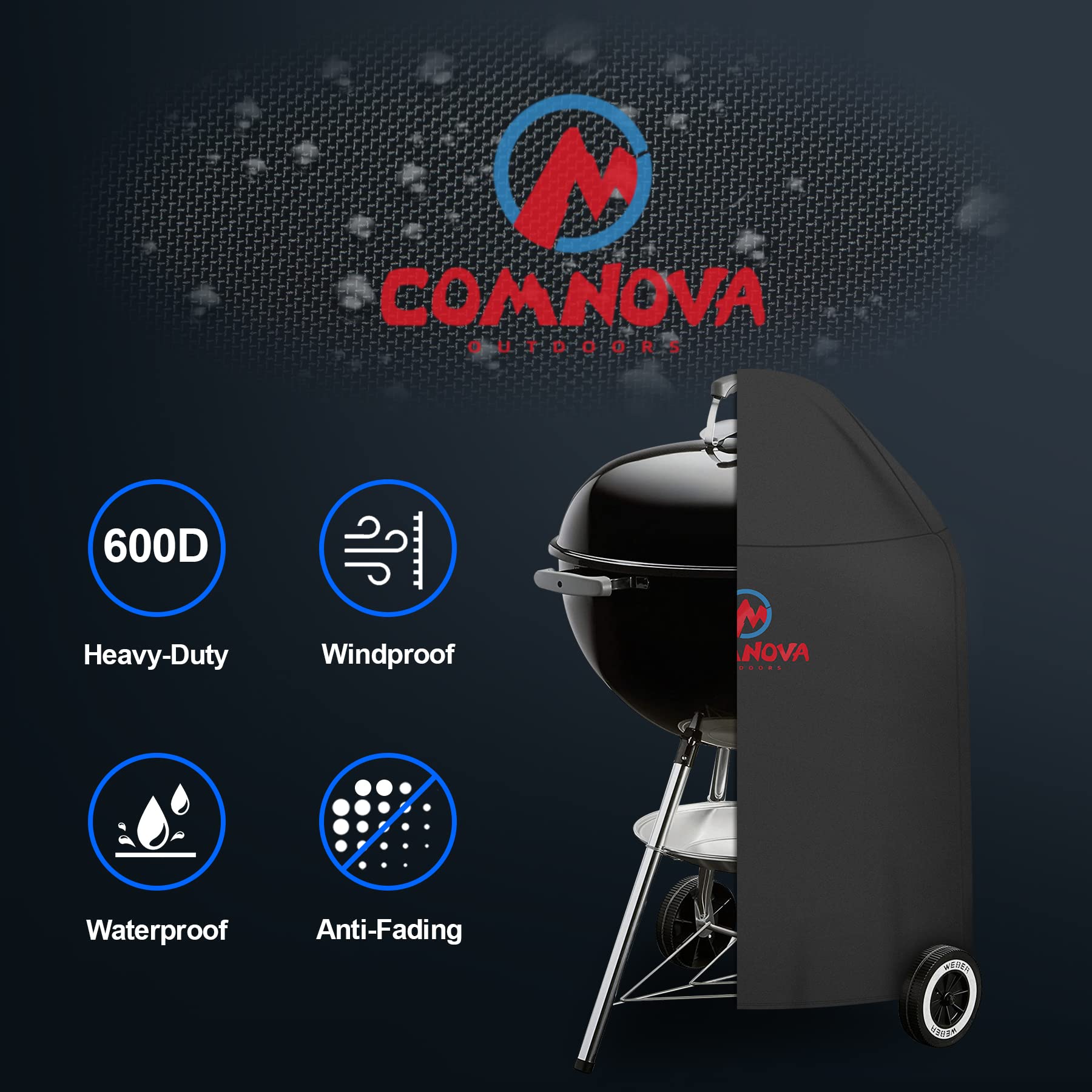Comnova Pokrowiec na grill na węgiel drzewny 600D do grilla Weber, 45 cm, wytrzymała, wodoodporna osłona do Weber 45 cm oryginalny czajnik węglowy, 45 cm Smokey Mountain Smoker i nie tylko