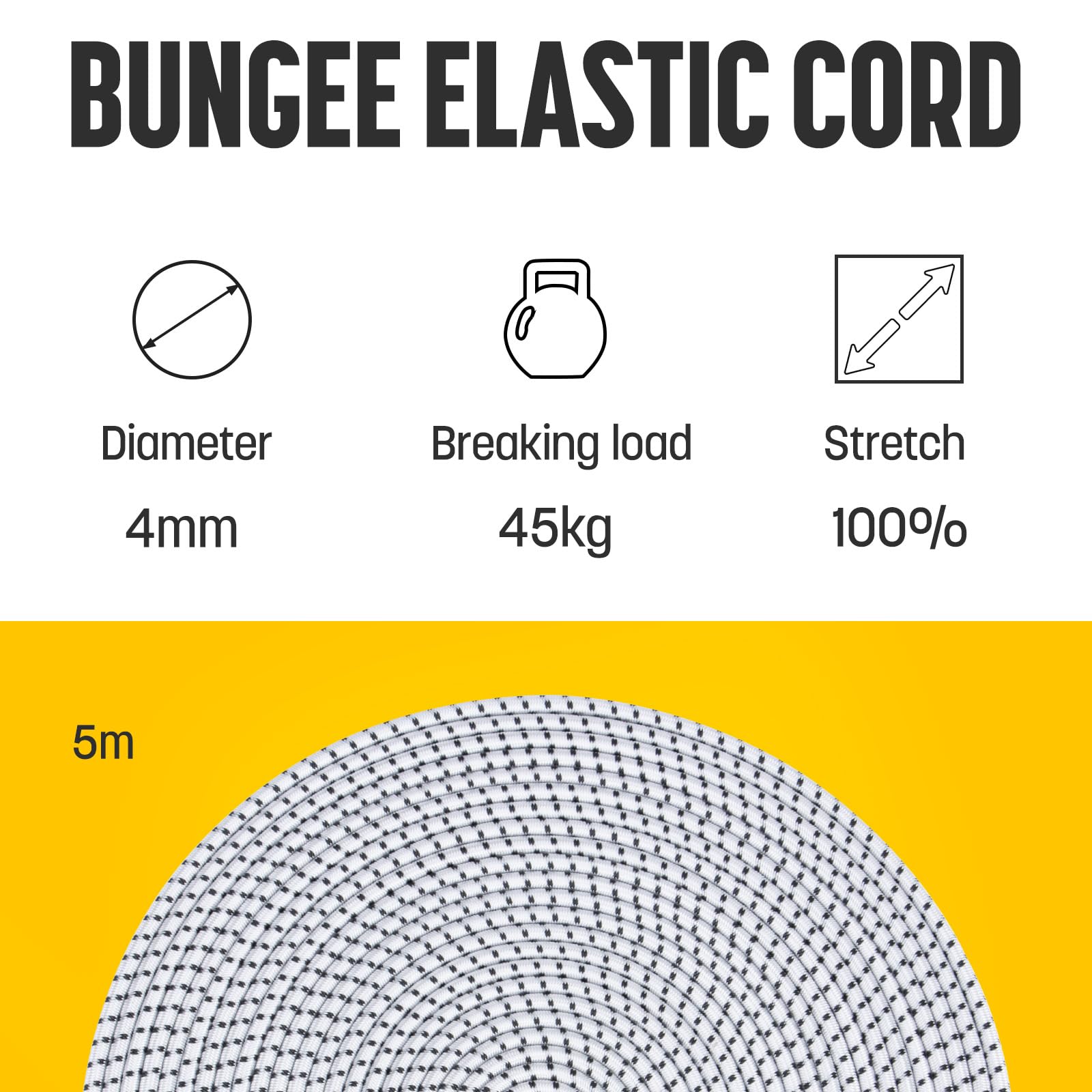 Kamu Synber Bungee Cord 4mm x 5m Elastic Shock Cord Bungee Rope for Tarpaulin Kayak, Tie Down, Camping, White/Black - Image 3