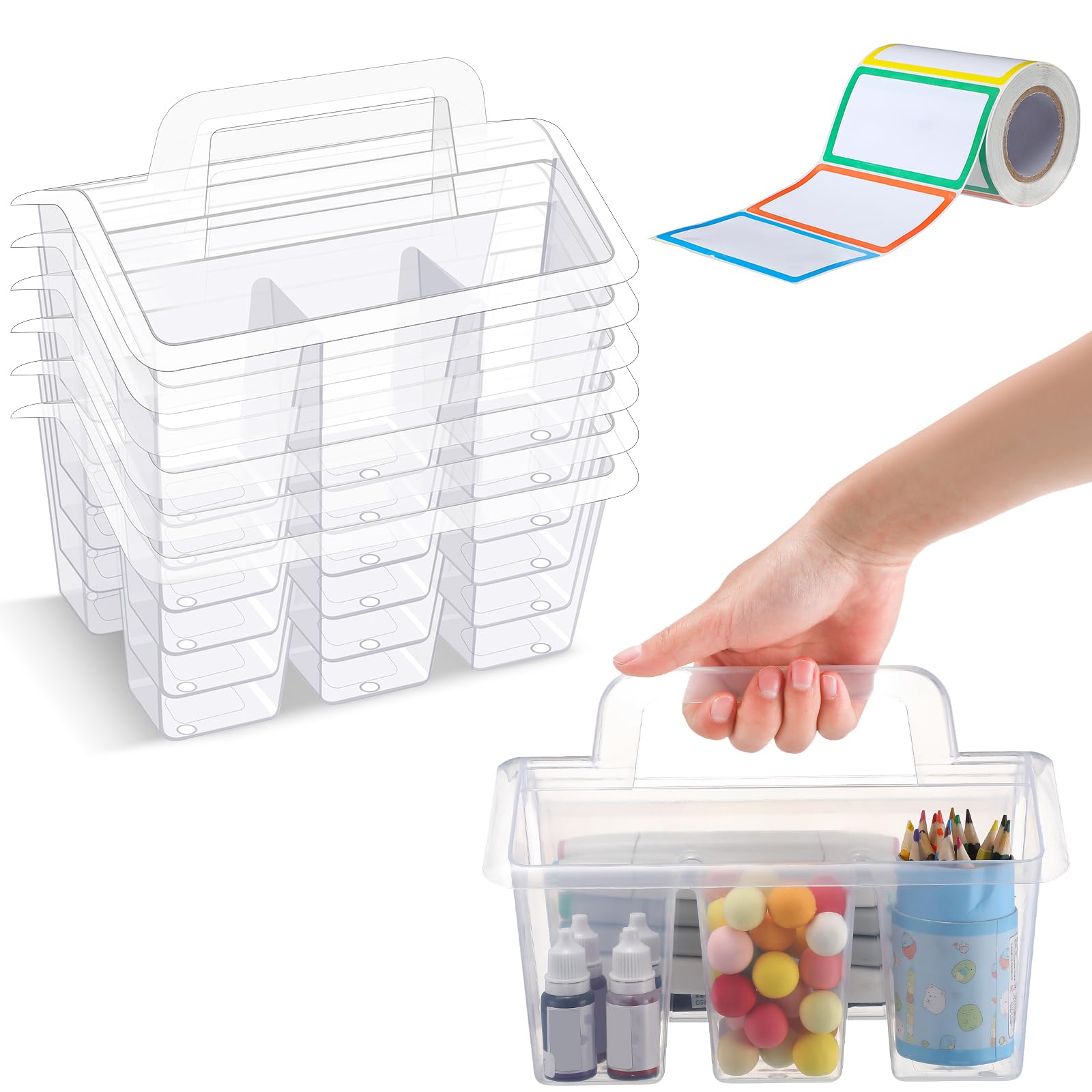 Maitys 7 contenitori portatili in plastica con 4 scomparti, 6 organizer in plastica con manici integrati e 1 set di adesivi colorati per pastelli, piccoli contenitori per aule e ufficio
