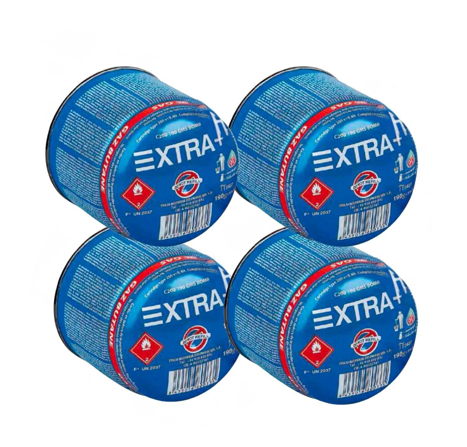 Pack de 4 Cartuchos de Gas Butano para Camping, 190g cada cartucho, Tipo Puncion para Camping, Hornillos y Linternas Portátiles