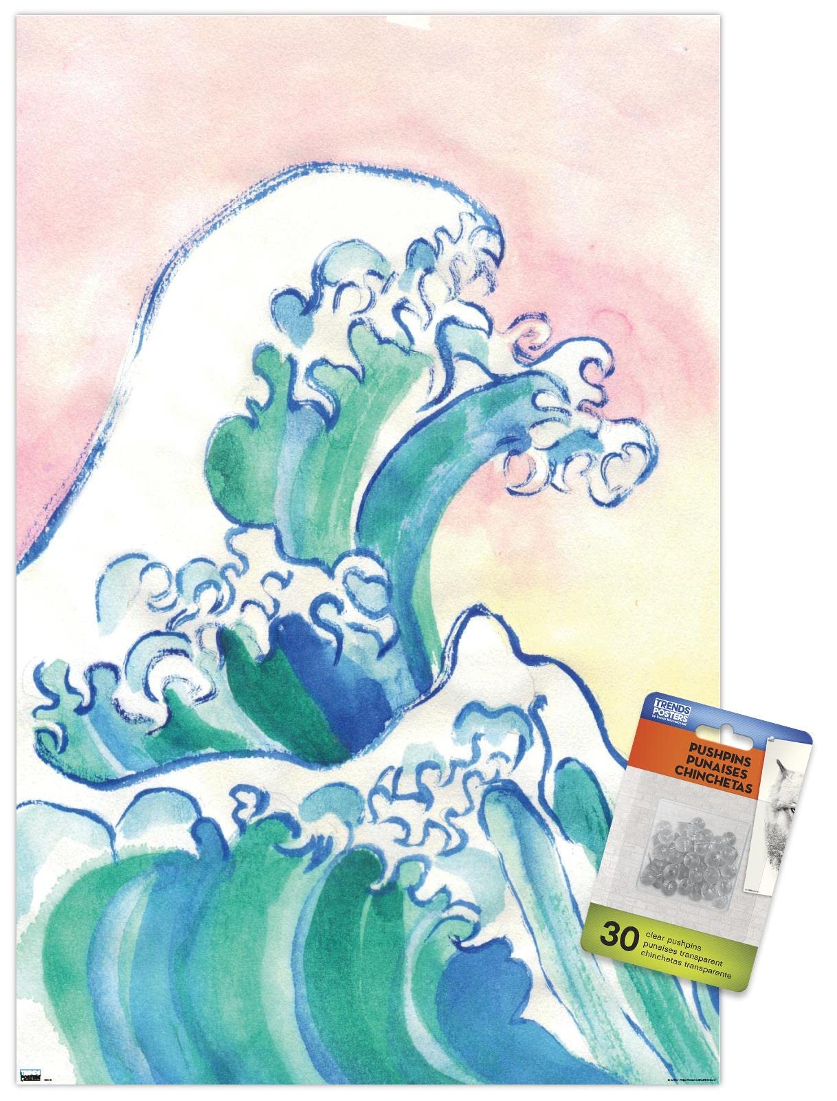 Póster mural de olas acuarela con chinches para decoración de pared