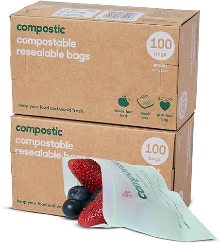Miniatura 25 de Compostic Home Compostable Resealable Snack Bags (6"x 3.5"), Microwave & Freezer Safe, Organic Food Storage Container, 30 Count (Pack of 2)