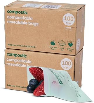 Compostic Compostable Snack Bags, Snack Size 180 + 20 Count Bulk Pack Resealable Zip-Seal, Plant-Based, Home Compostable, Freezer Safe, BPA-Free, Non-Toxic, GMO-Free Food Storage Bags