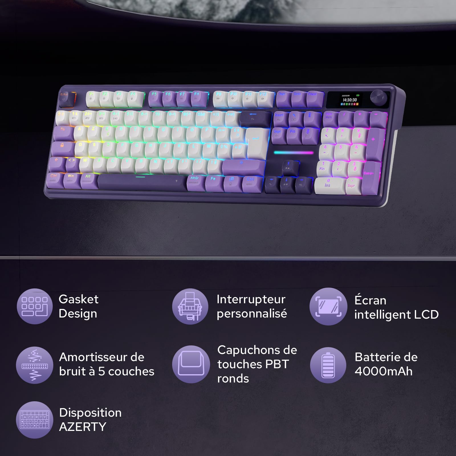 Redragon K762 Pro Clavier Mécanique AZERTY sans Fil Écran TFT et Molette | Tri Mode 2,4 GHz BT USB C Gasket 5 Couches Amortissement Touches PBT Rondes Switch Yolk Linéaire