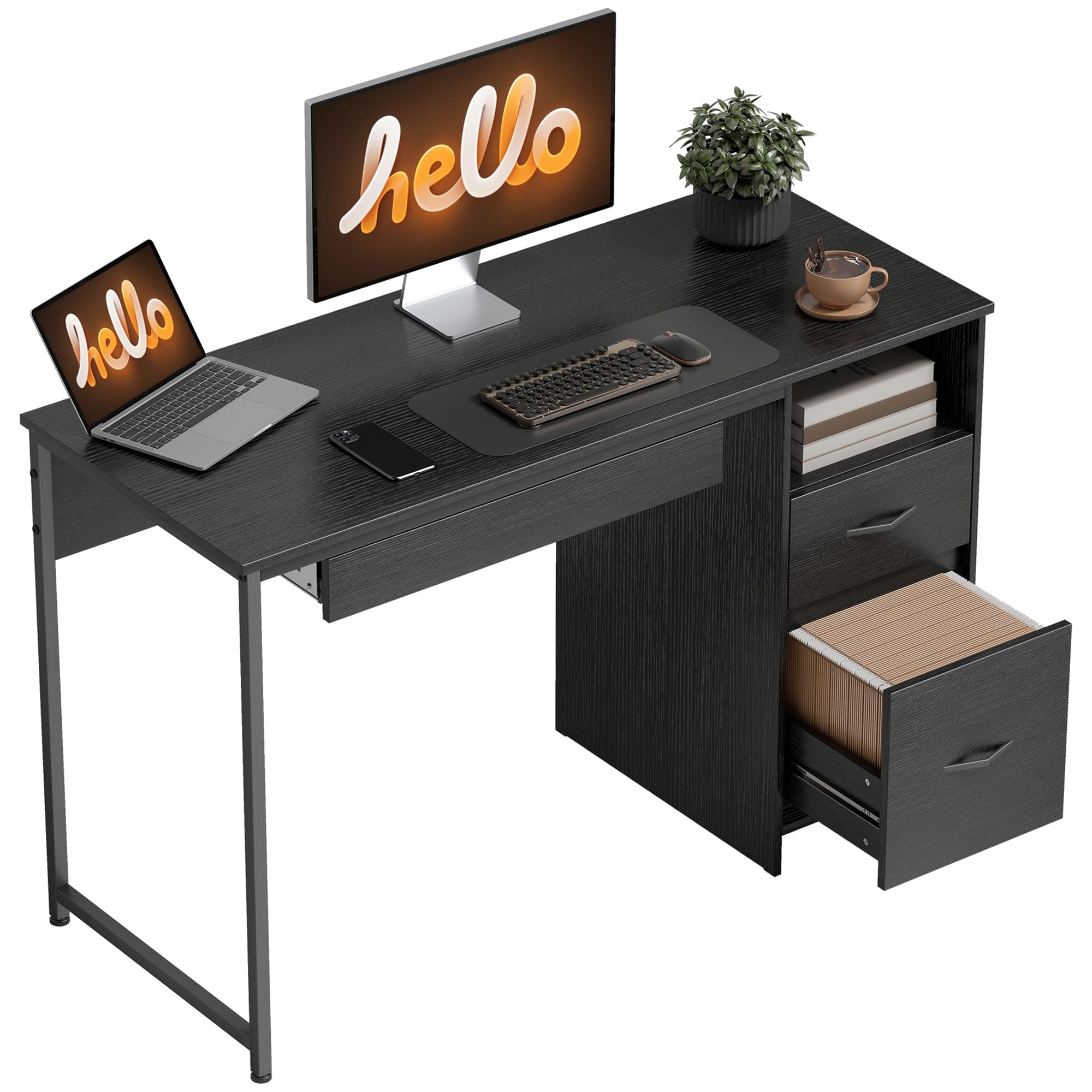 HOMCOM Scrivania Ufficio Salvaspazio con 2 Cassetti 120x52.3 cm Nero | per Documenti Formato A4 Lettera Legale, Vano Aperto, Vassoio per Tastiera, Tavolo Computer per Studio Casa Ufficio