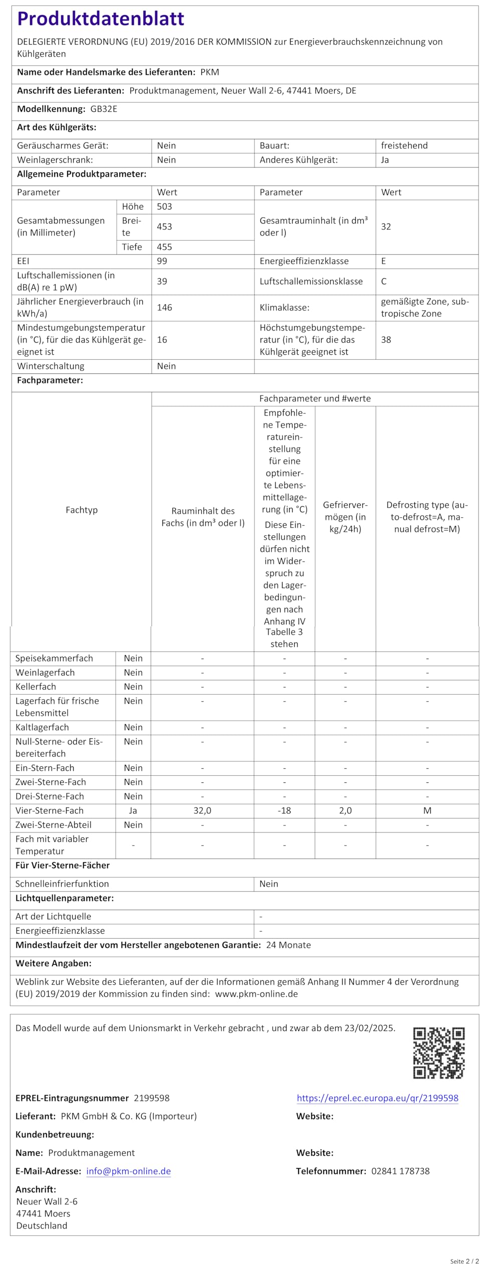 PKM Gefrierbox GB32E | weiß | 32 Liter Nutzinhalt |146 kWh | 4 Sterne | Freistehend