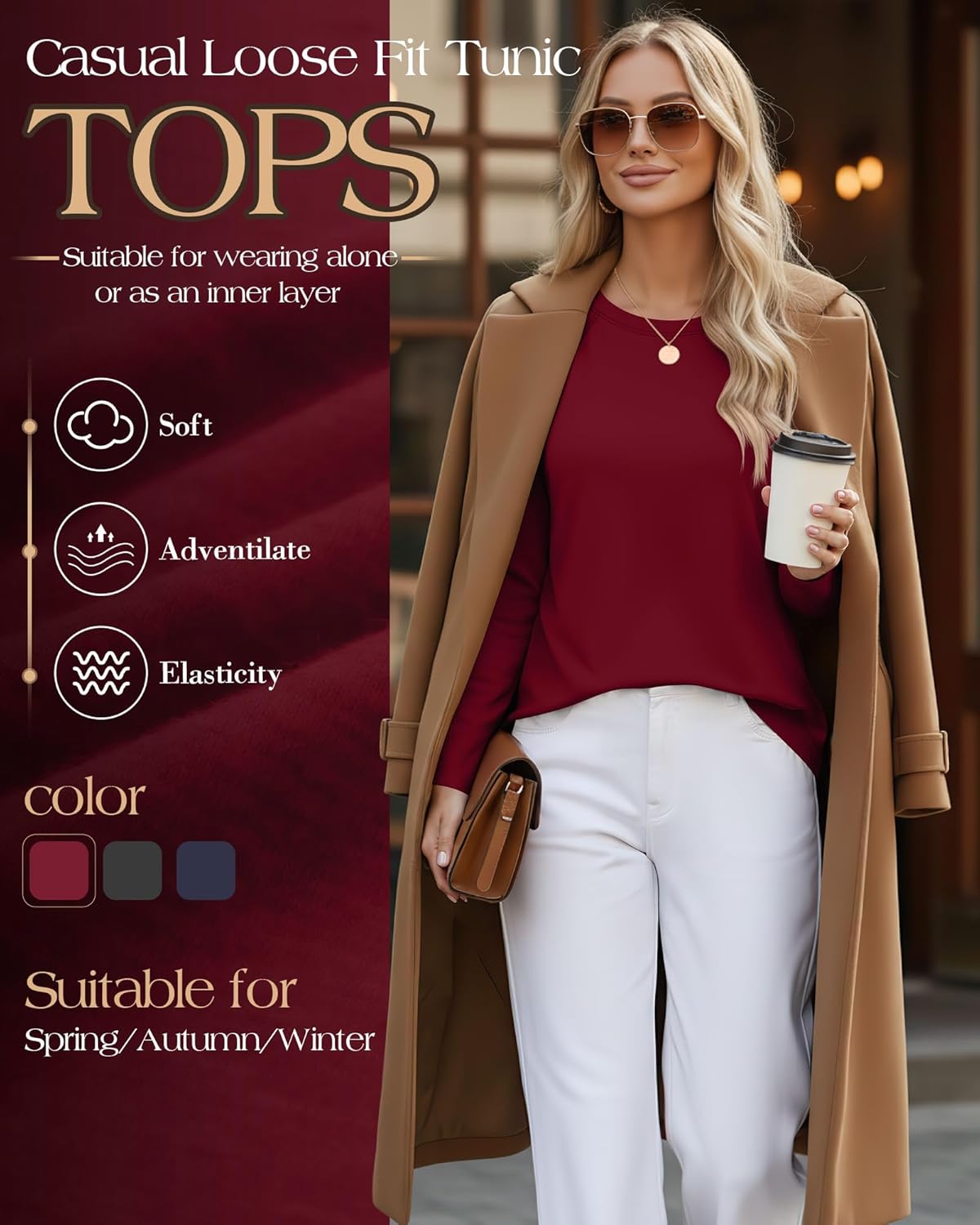 Ficerd 3 Pack Women's Long Sleeve T-Shirts Crew Neck Raglan Sleeve Casual Loose Fit Shirts Side Split Curved Hem Tunic Tops - Image 2