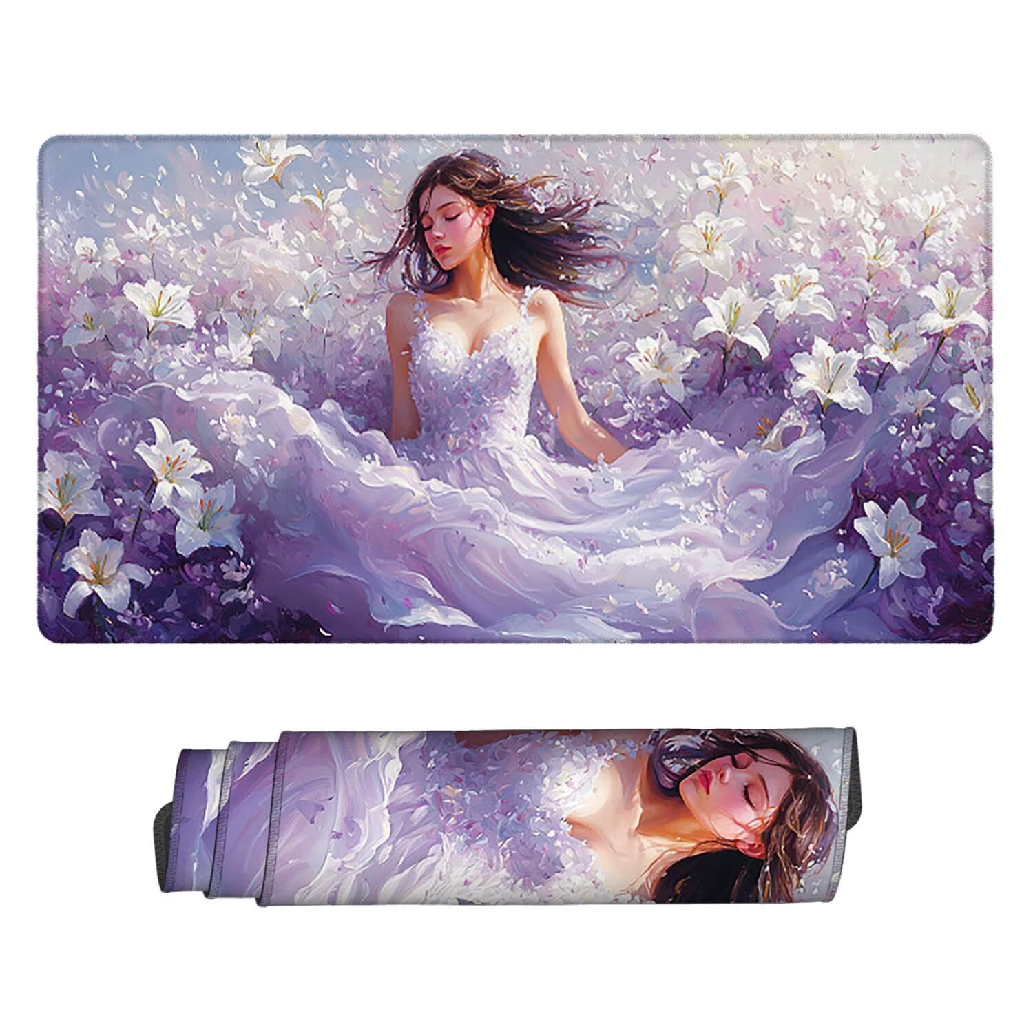 Podkładka pod mysz XXL 1600 x 800 x 3 mm, gamingowa podkładka pod mysz z przyszytymi krawędziami, antypoślizgowa, podkładka pod mysz do komputera z gładką powierzchnią, lilii, dla kobiet, podkładka