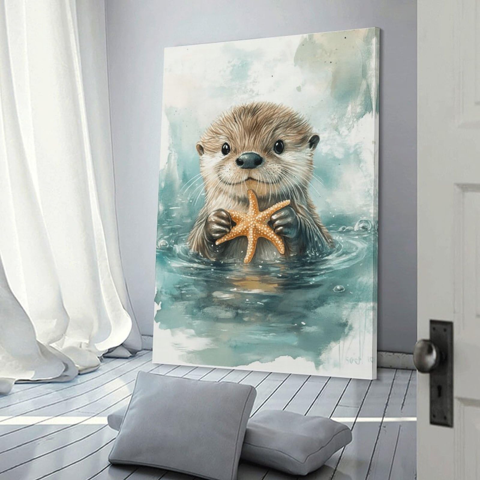 Junmoney Frame-Style-24 Wall Picture Print Otter With Starfish Watercolor Print, 24X36inch(60X90cm), For Contemporary Homes, Apartments Or Offices, Decorative Canvas Decor For Home Updates
