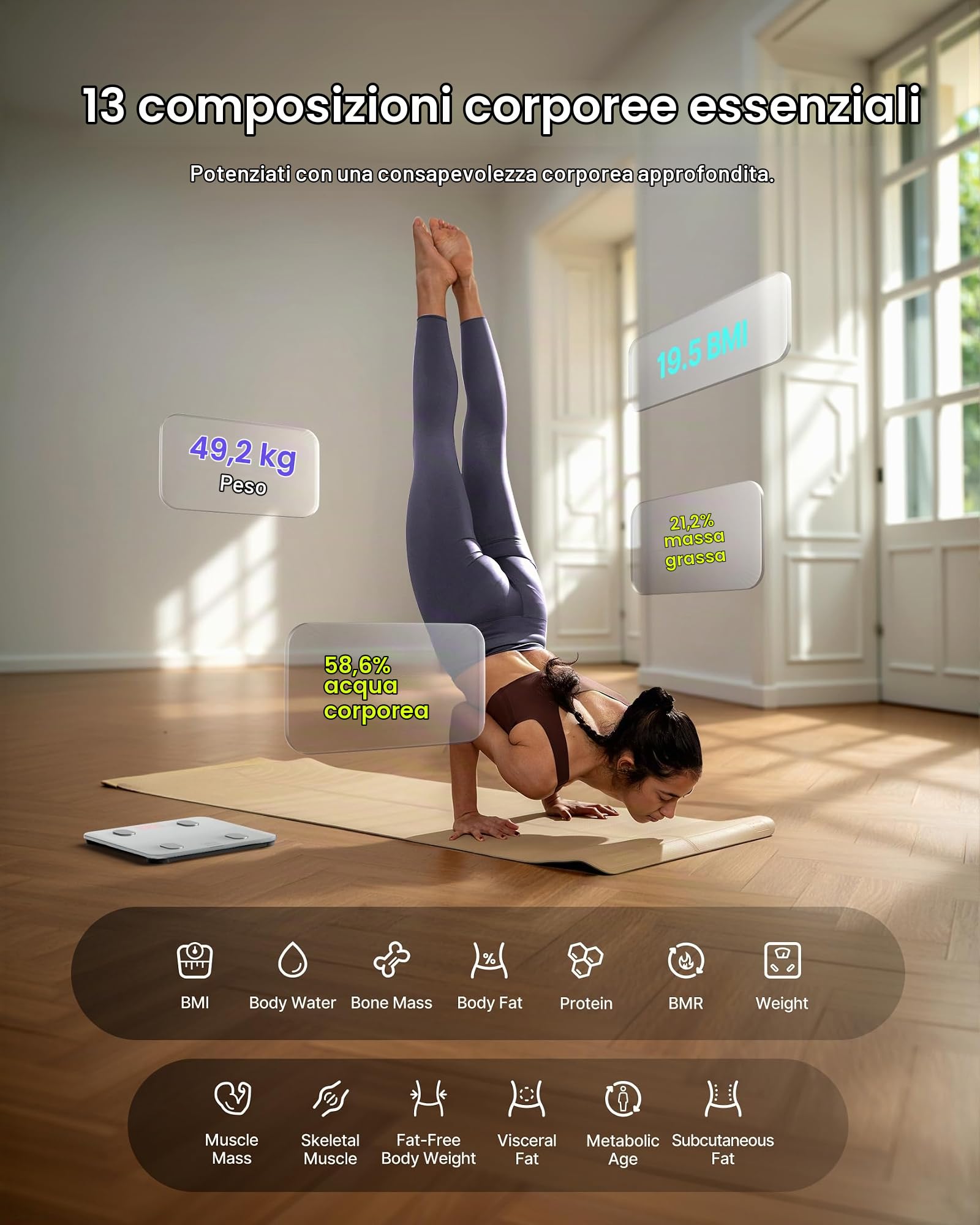 FITINDEX Bilancia Digitale Bilancia Pesapersone, Impedenziometrica Intelligente Bluetooth, 13 Funzioni, Analisi Composizione Corporea con App per Massa Grassa, BMI, Grasso Viscerale, Bianca