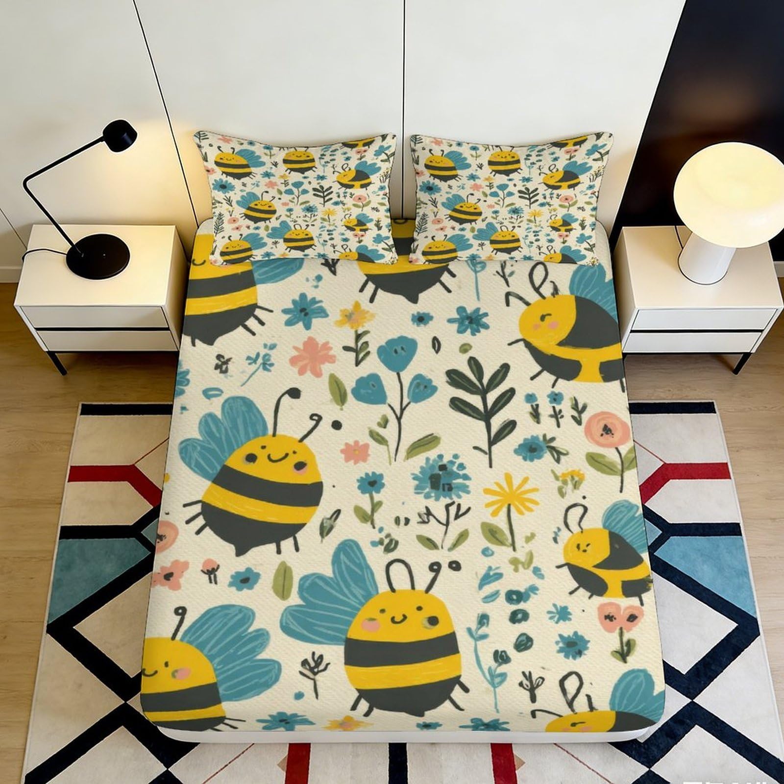 3D Printed Bumblebee Floral Fitted Sheet Microfiber Non-Slip Mattress Cover Washable for Bedroom Guest Room Decor 180x200x25cm