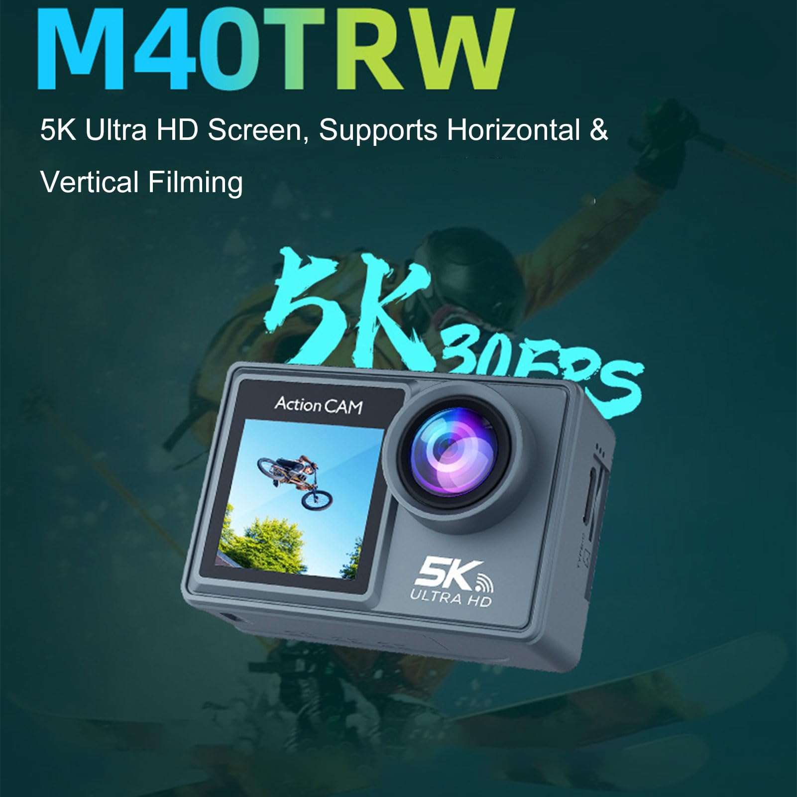 Andoer Action Camera WiFi 5K Ultra HD Dual Screen grandangolare 170°, stabilizzazione a 6 assi, fotocamera subacquea 30M con microfono senza fili