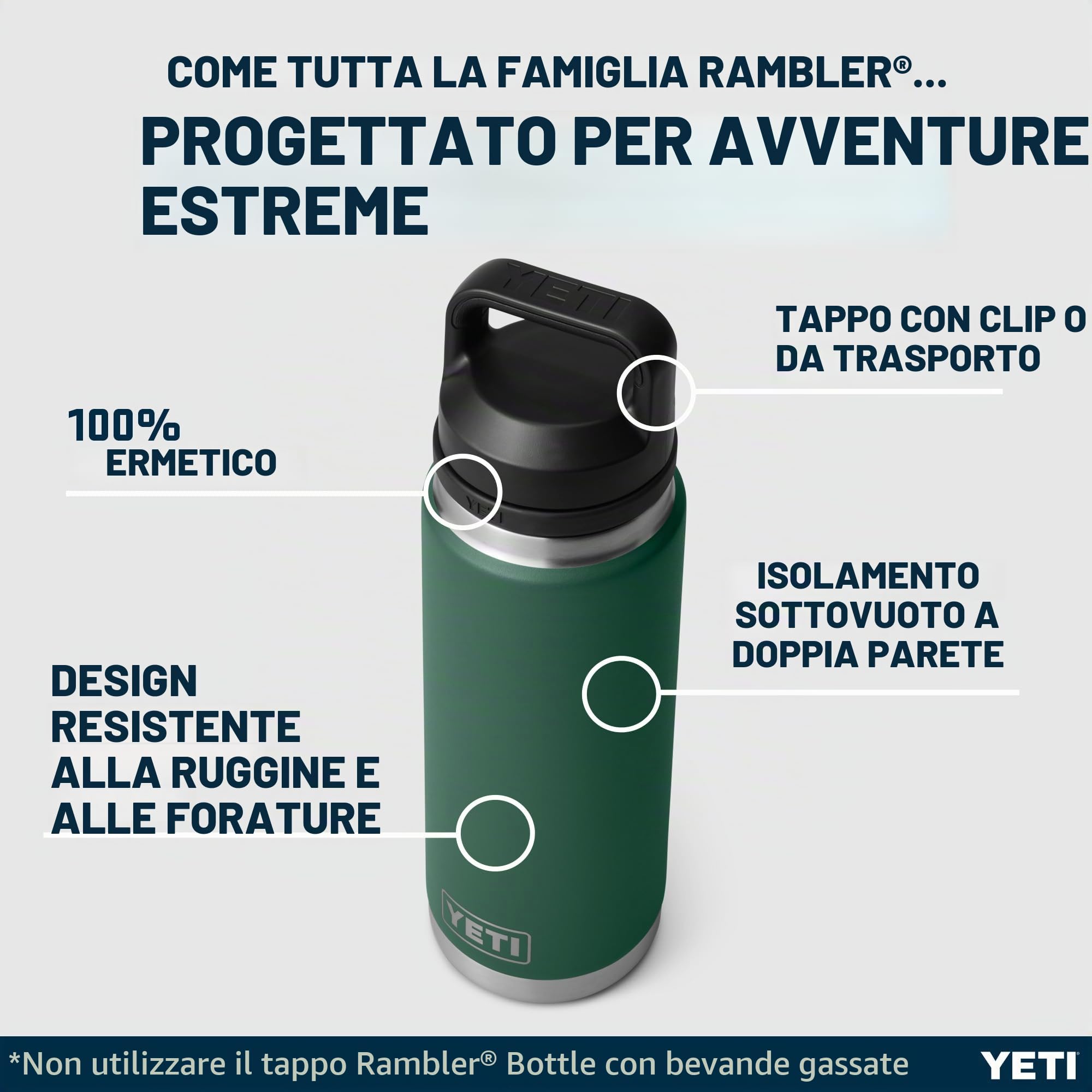 YETI Rambler Bottle Chug, Vacuum Insulated Stainless Steel Bottle with Chug Cap, Black Forest Green, 26 oz (760 ml)
