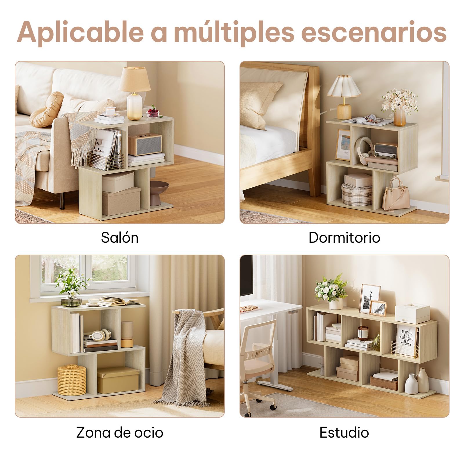 eSituro Mesa Auxiliar de Sofá, Mesita en Forma S, Mesa de Centro con 4 Estantes Abiertos, Mesita Auxiliar para Salón, Estudio, Dormitorio, Ahorro de Espacio, Roble Claro