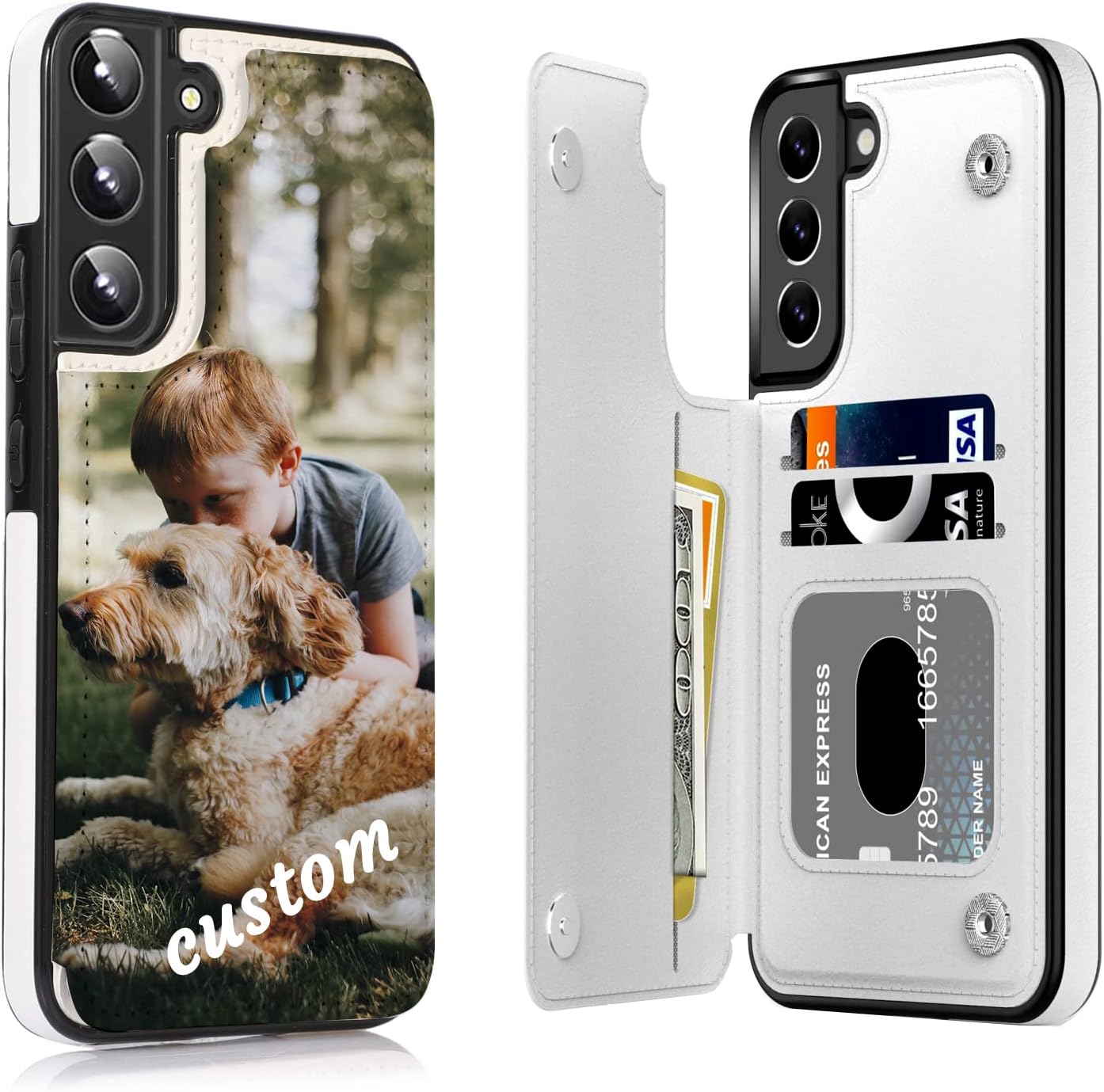 Customized Phone Case for Samsung Galaxy S26 S25 S24 S23 S21 S22 S20 Ultra Plus Phone Case,Personalized Gifts Flip Leather Wallet Case with Card Holder Compatible with iPhone 17 16 Pro Max White.