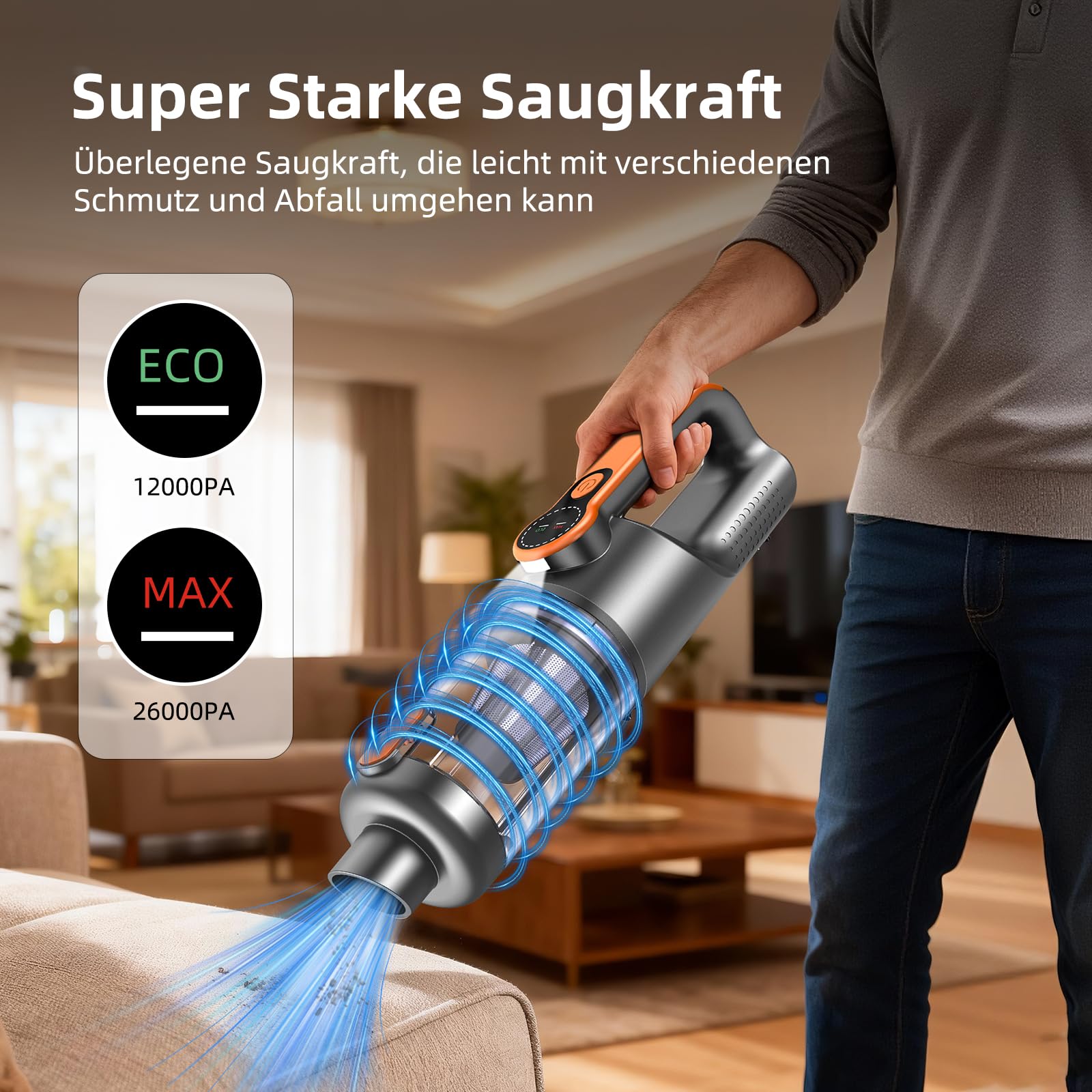 Handstaubsauger, 26000 Pa 4-in-1 Auto Staubsauger Stark, One-Touch Staubentleerung, Bürstenloser Motor, HD Display und LED Beleuchtung, Akku Staubsauger Kabellos für Zuhause/Büro/Auto, Orange