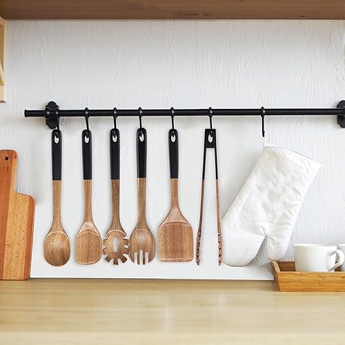 Miniatura 6 de Cucharas de Madera para Cocinar, 6 PCS Utensilios de Cocina de Madera de Acacia Natural, Cucharas de Cocina de Madera de Agarre Suave con Orificio