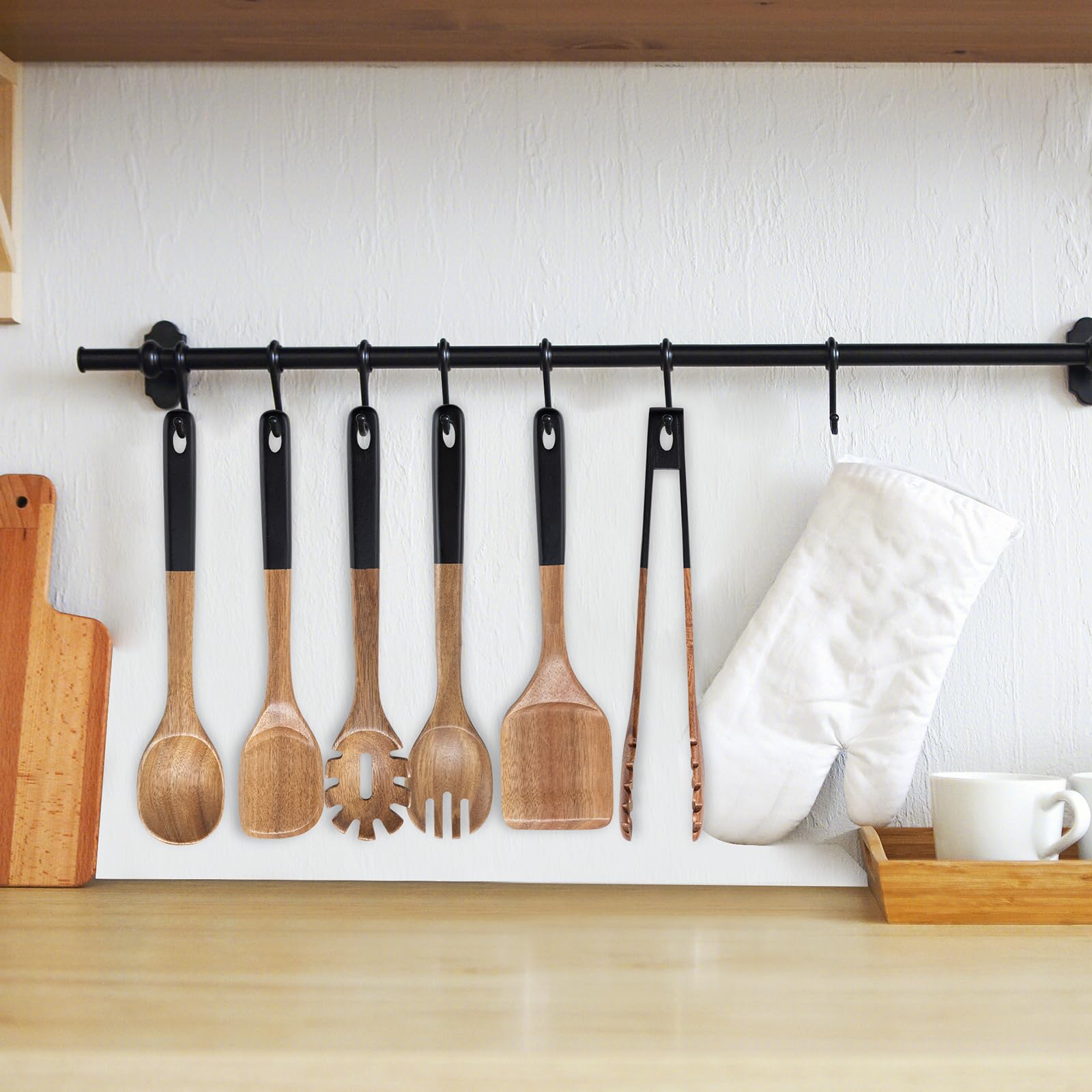 Cucharas de madera para cocinar, 6 utensilios de cocina de madera de acacia natural, cucharas de cocina de madera de agarre suave con agujero para colgar, juego de utensilios de cocina de madera