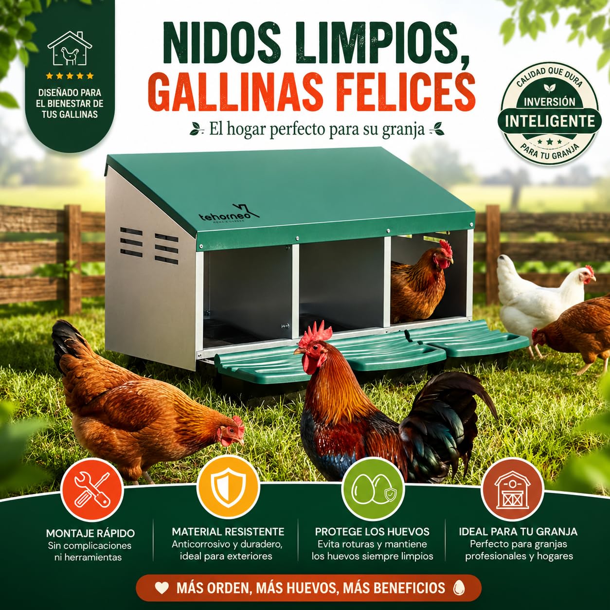TEHORNEO Ponederos para Gallinas, Ponederos Gallinas 81x51x47 cm de Acero Galvanizado con 3 Departamentos, Apto para 12-15 Aves Ponedoras, Jaula Exterior, Montaje sin Herramientas