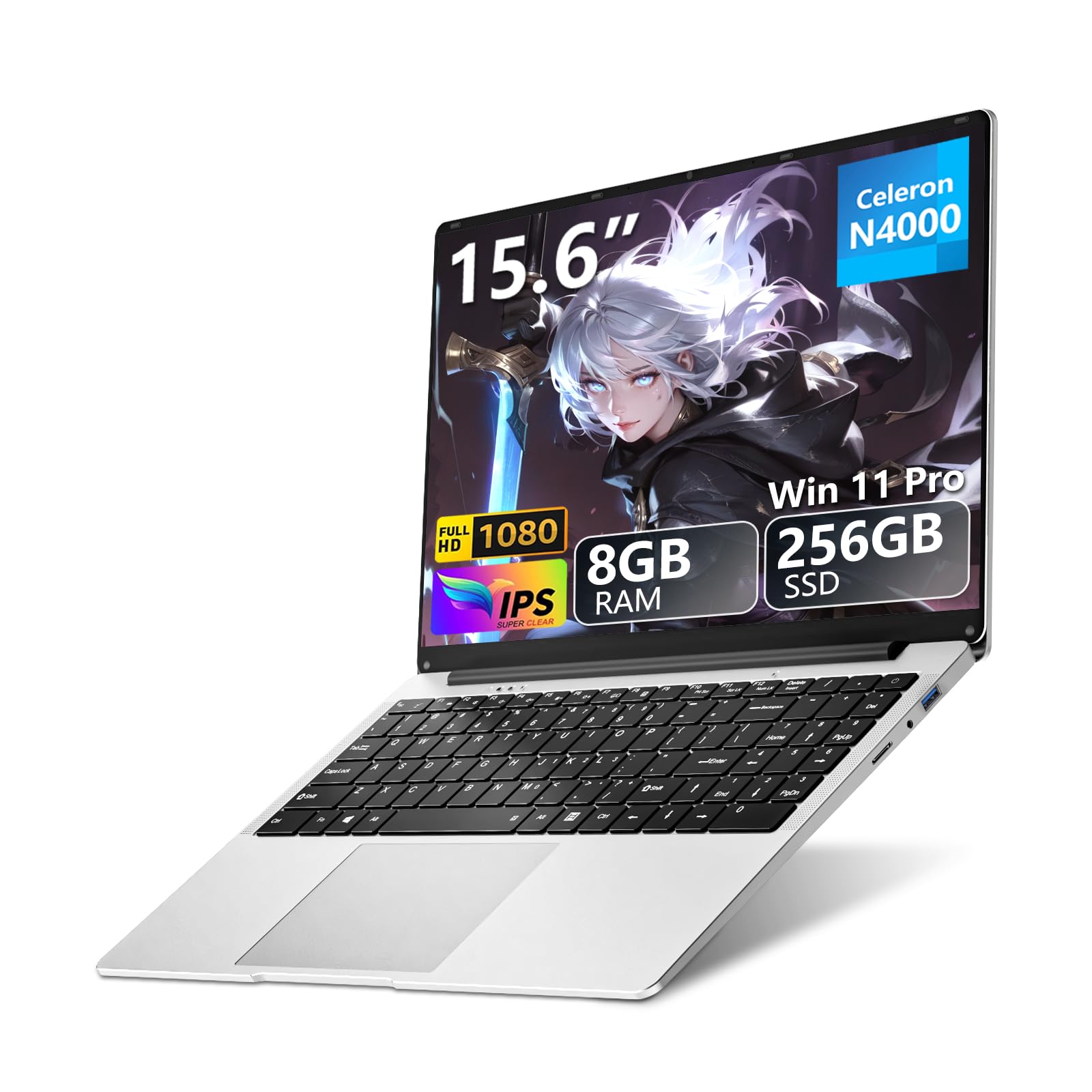15.6 inch Laptop, Laptop N4000 Processor, Laptop Computer with 8GB LPDDR4 256GB SSD, Silver Traditional Laptop Computers for Work & Study, 180° Angle Open, Dual-Band WiFi, Long Battery