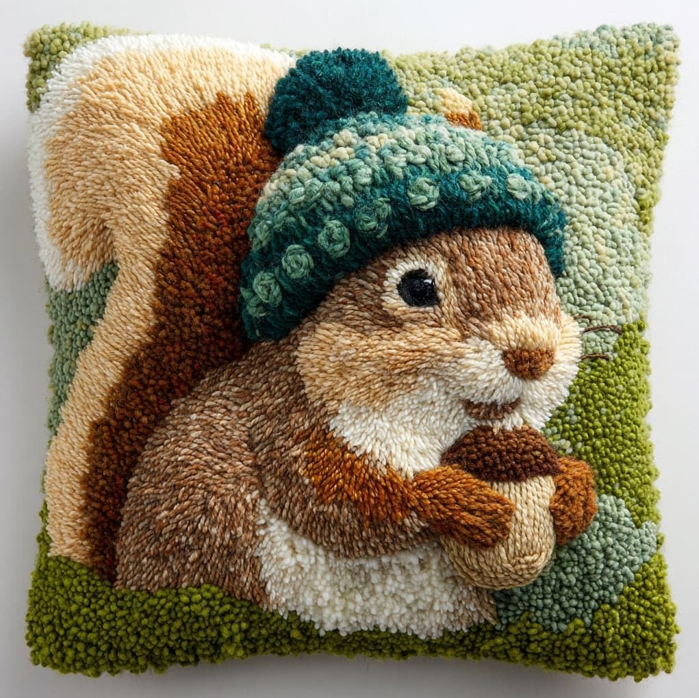 Wallustrioaw Squirrel Wearing A Hat Latch Hook Kits Pillow,