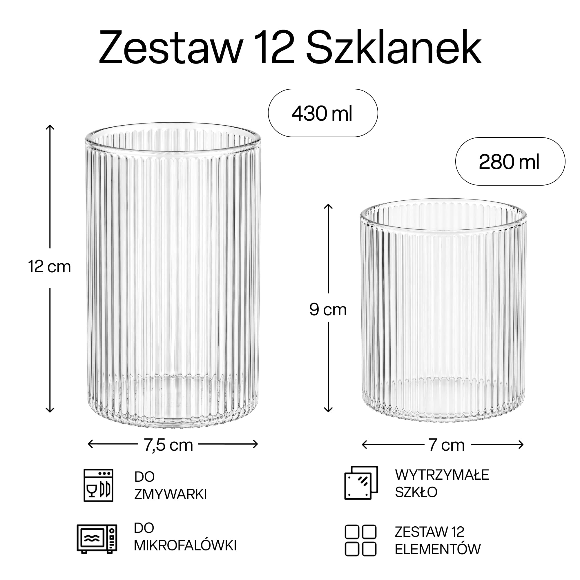 MIAMIO - Zestaw 12 szklanek do wody - Senita (280 ml) na co dzień | Szklanki ze szkła do wody, soku, matchy i koktajli, zestaw 12 sztuk do codziennego użytku w domu - można myć w zmywarce