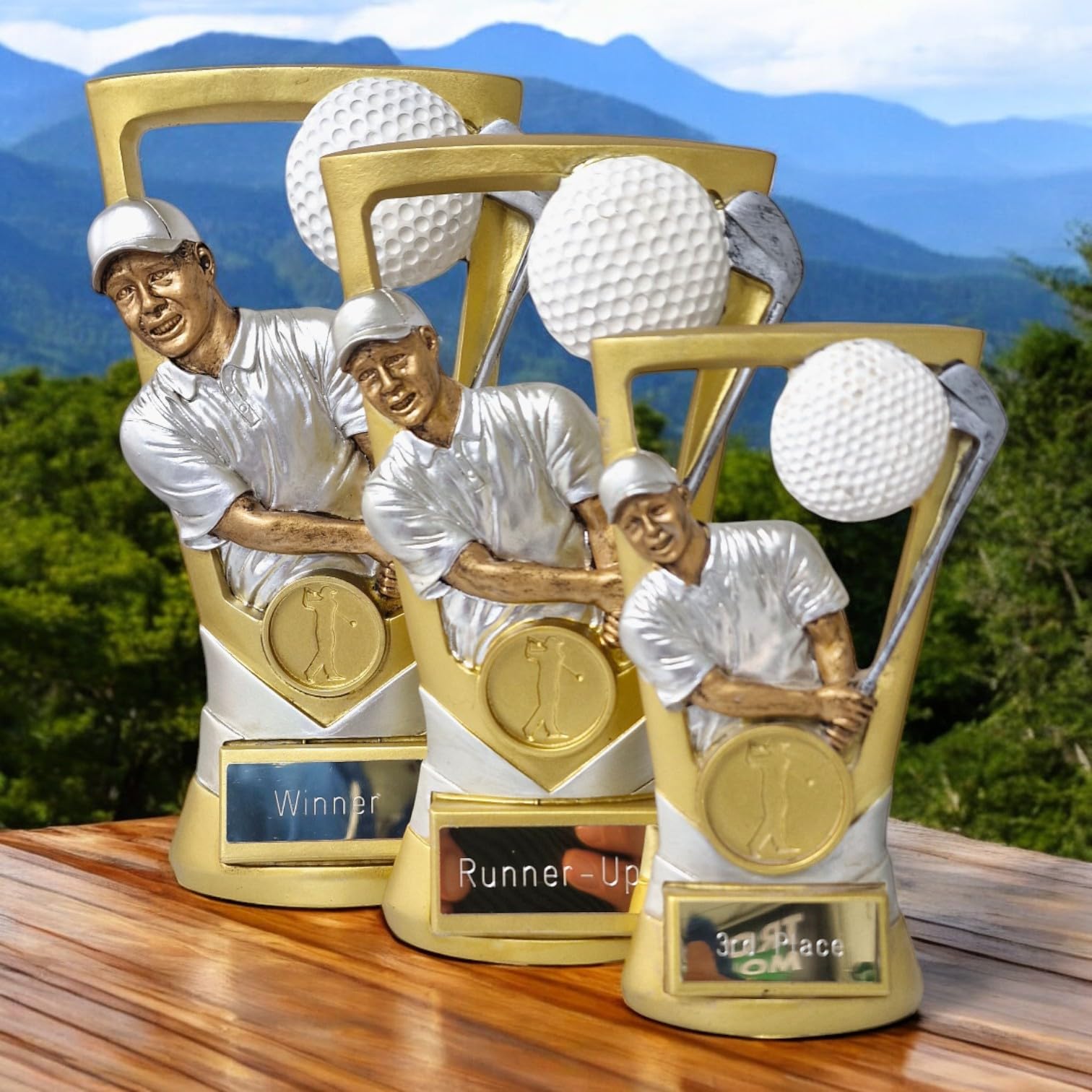 Trophy Monster Paquete completo de premios de golf de 3 piezas para el día del golf, platos grabados incluidos, hecho de resina, paquete a granel