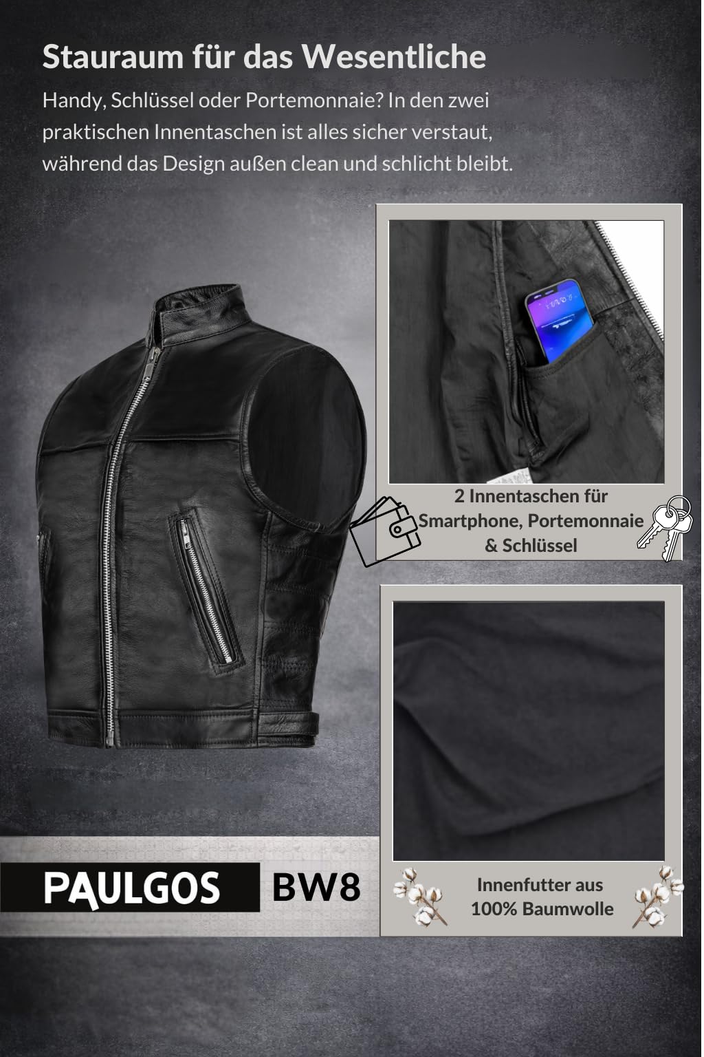 PAULGOS Lederweste Weste Kutte Leder Biker Rocker Motorrad Clubweste Bikerweste Motorradweste Schwarz BW8