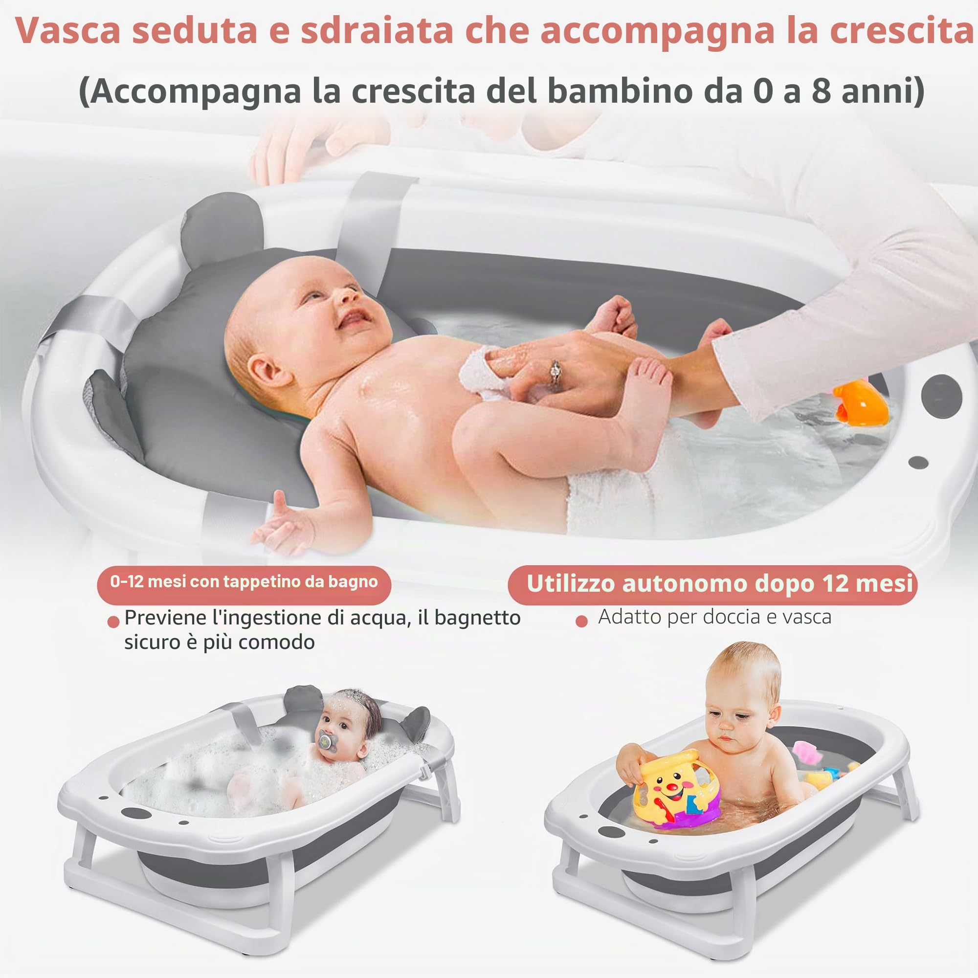 Froadp Vasca da bagno pieghevole per neonati con fori di scarico e poggiapiedi antiscivolo, navicella ergonomica per neonati (antracite, con cuscino)