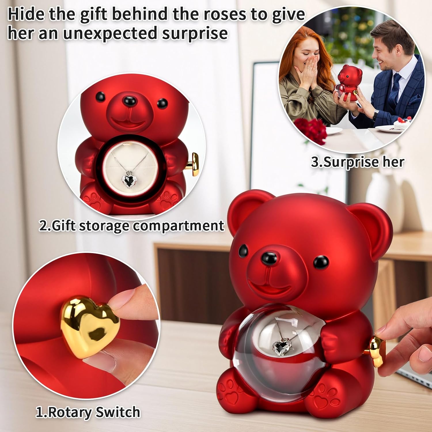 Preserved Red Real Rose with Heart Necklace，Eternal Flowers Rose Bear Gifts for Mom Wife Girlfriend on Mothers Day Birthday Valentines Christmas Anniversary Romantic Gifts for Her - Image 2