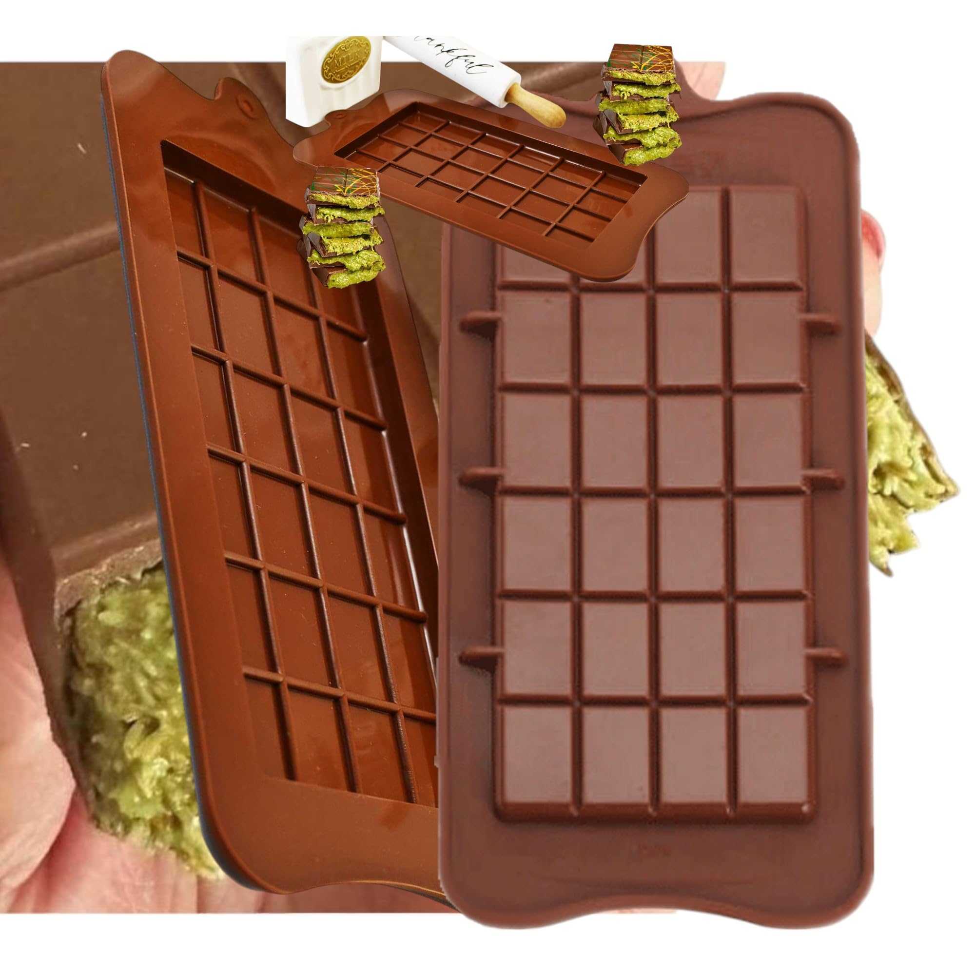 Topolmold Dubai Style KitKat Chocolate Bar Mold - 3-Pack Silicone Candy Mold, Non-Stick, BPA-Free, Heat-Resistant, Durable & Flexible, Dishwasher Safe, Food-Grade Create Pistachio Chocolate Bars