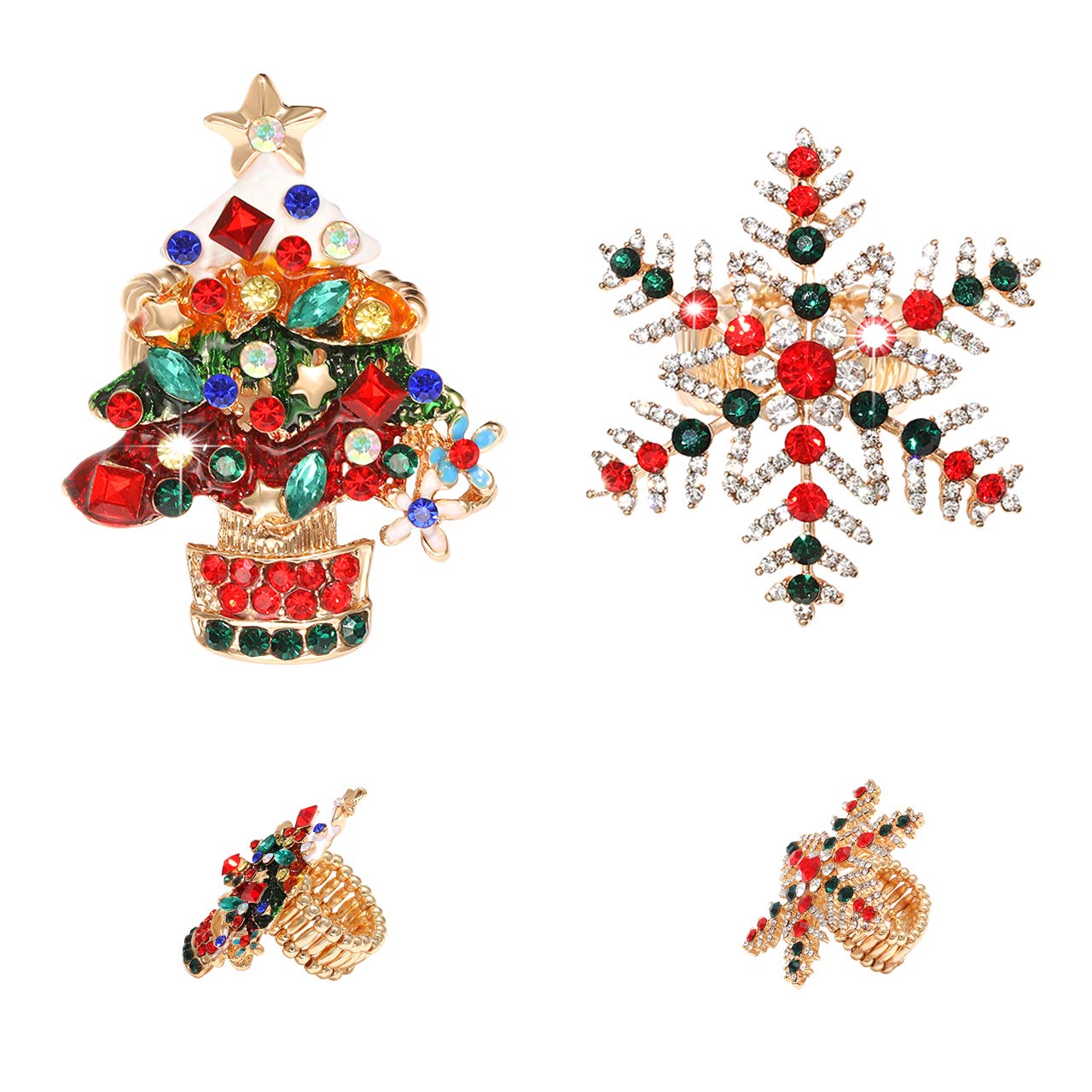 Anillos elásticos de Navidad, árbol de Navidad, invierno, copo de nieve, Papá Noel, anillos elásticos festivos de cristal con diamantes de imitación, joyería de vacaciones para mujeres,