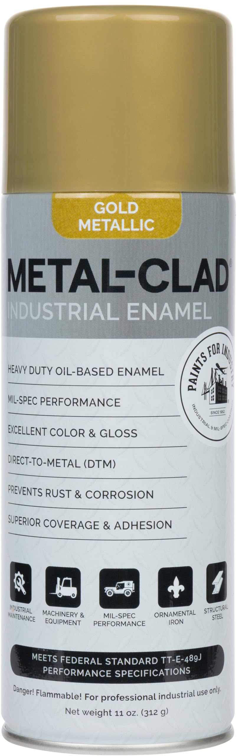 METAL-CLAD Paints For Industry Industrial Enamel, Aerosol Spray Paint - Steel Metal Iron Machinery - 1 Can (Gold Metallic) 3-S-7344