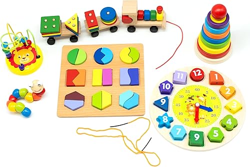 LMC Products Paquete de 6 juguetes de madera variados, juguetes Montessori para niños pequeños, juguetes apilables, juguetes de cordones, juguetes