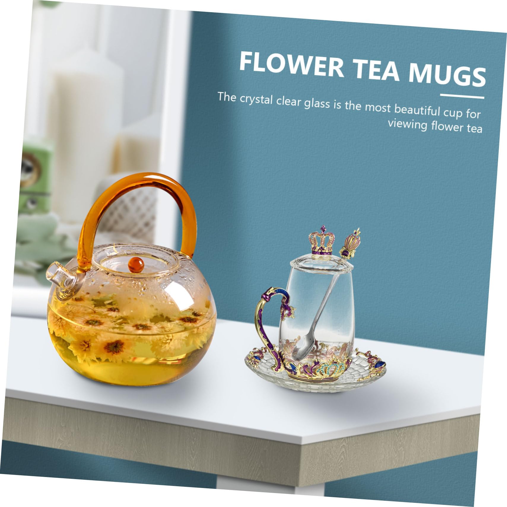 ULTECHNOVO Emaille Blumen Teebecher aus Klarglas 370 Ml 5 Stück für Tee und Kaffee