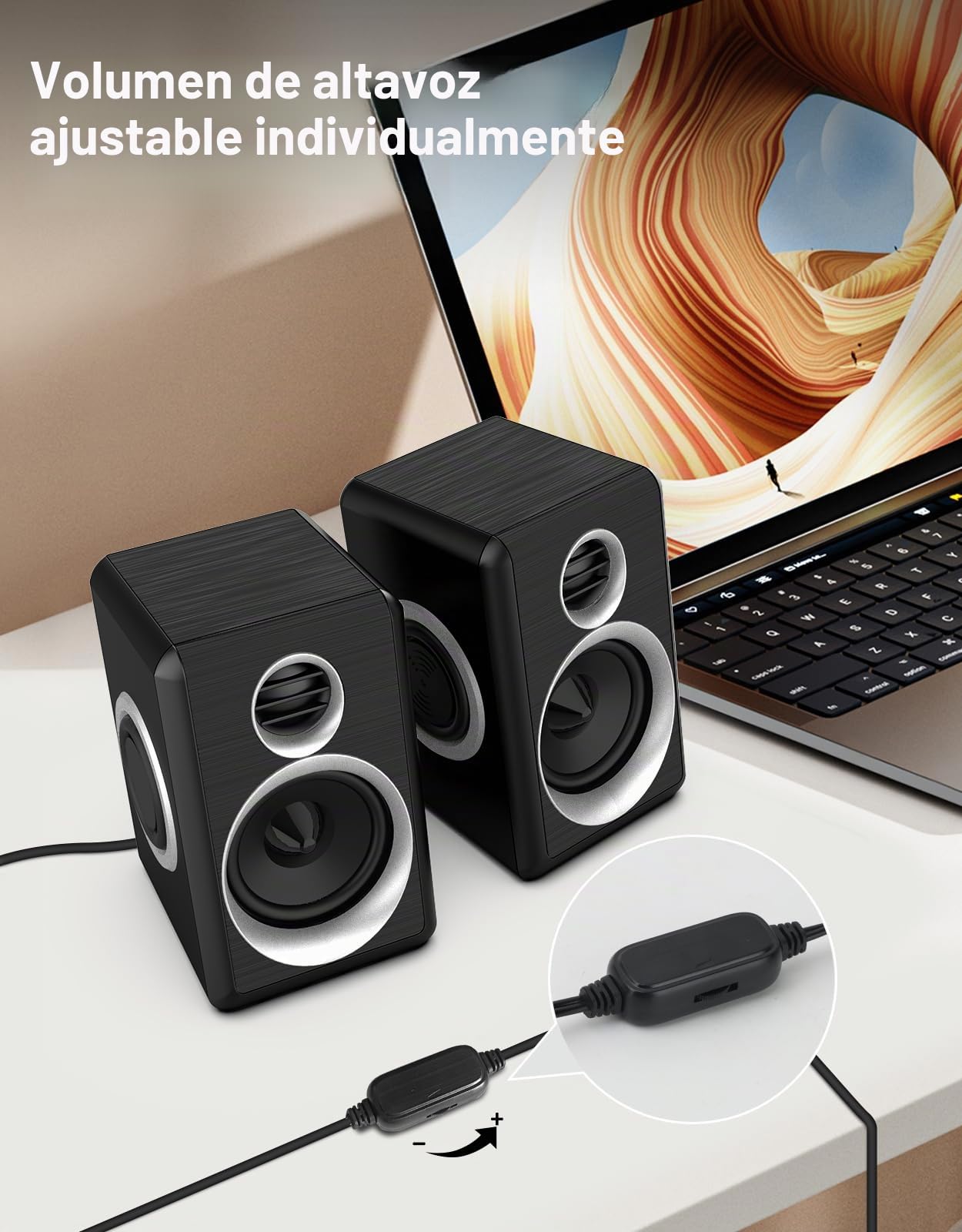 Altavoces 2.0 para PC y portátil – Sonido estéreo con Graves Profundos, conexión AUX de 3,5 mm, alimentación por USB, compatibles con Ordenadores de sobremesa y portátiles (Negro)