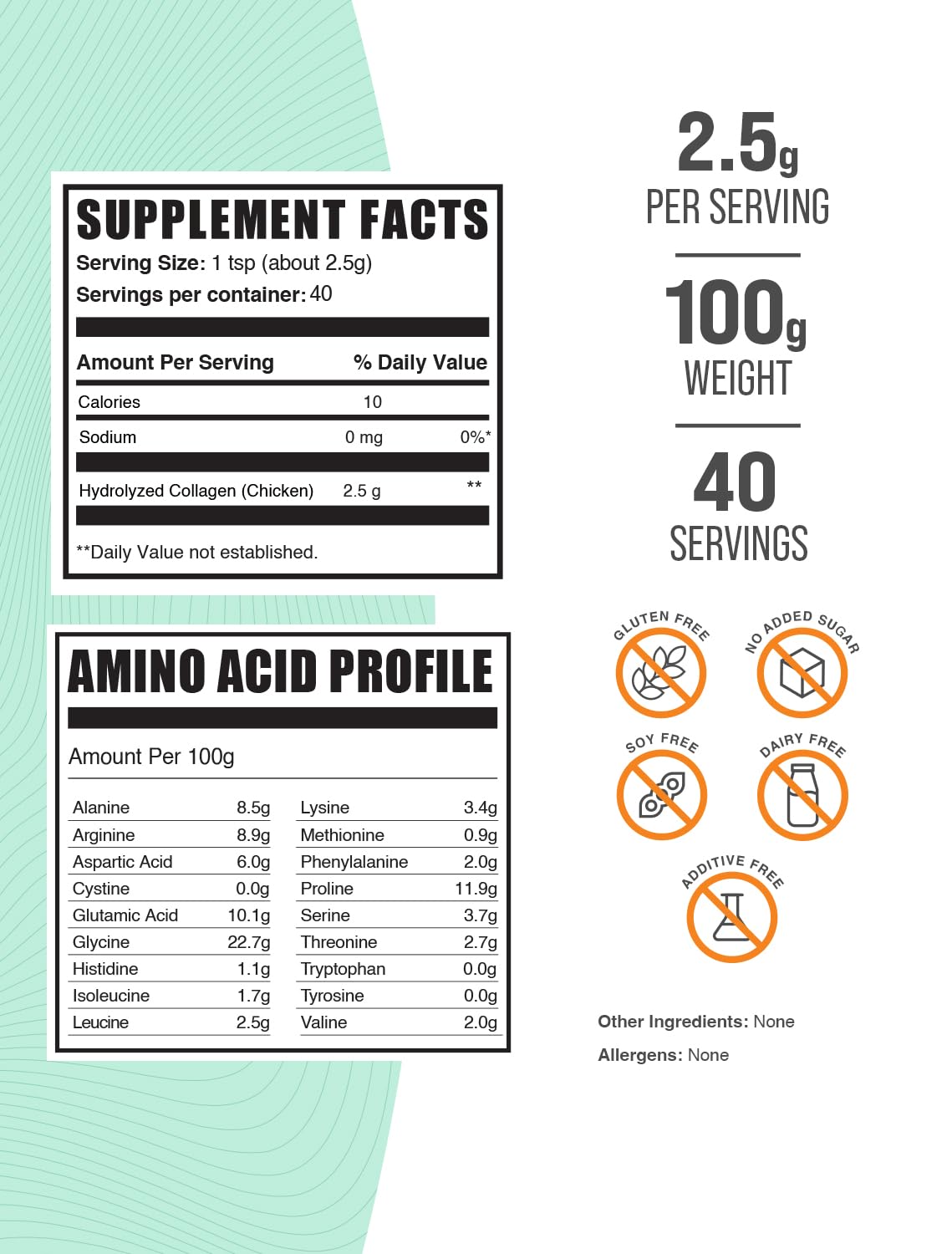 BulkSupplements.com Chicken Collagen Powder - Hydrolyzed Collagen Supplement, for Hair, Skin, & Nails - Unflavored & Gluten Free, 2.5g per Serving, 100g (3.5 oz) (Pack of 1) — Amazon image 2