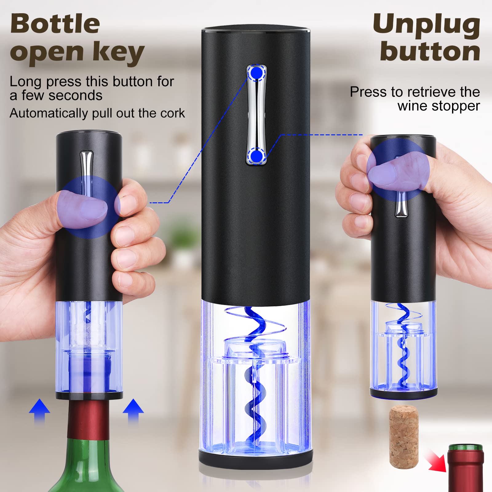 Anpro Cavatappi Elettrico con Supporto di Ricarica, Set da Vino in Alluminio Nero