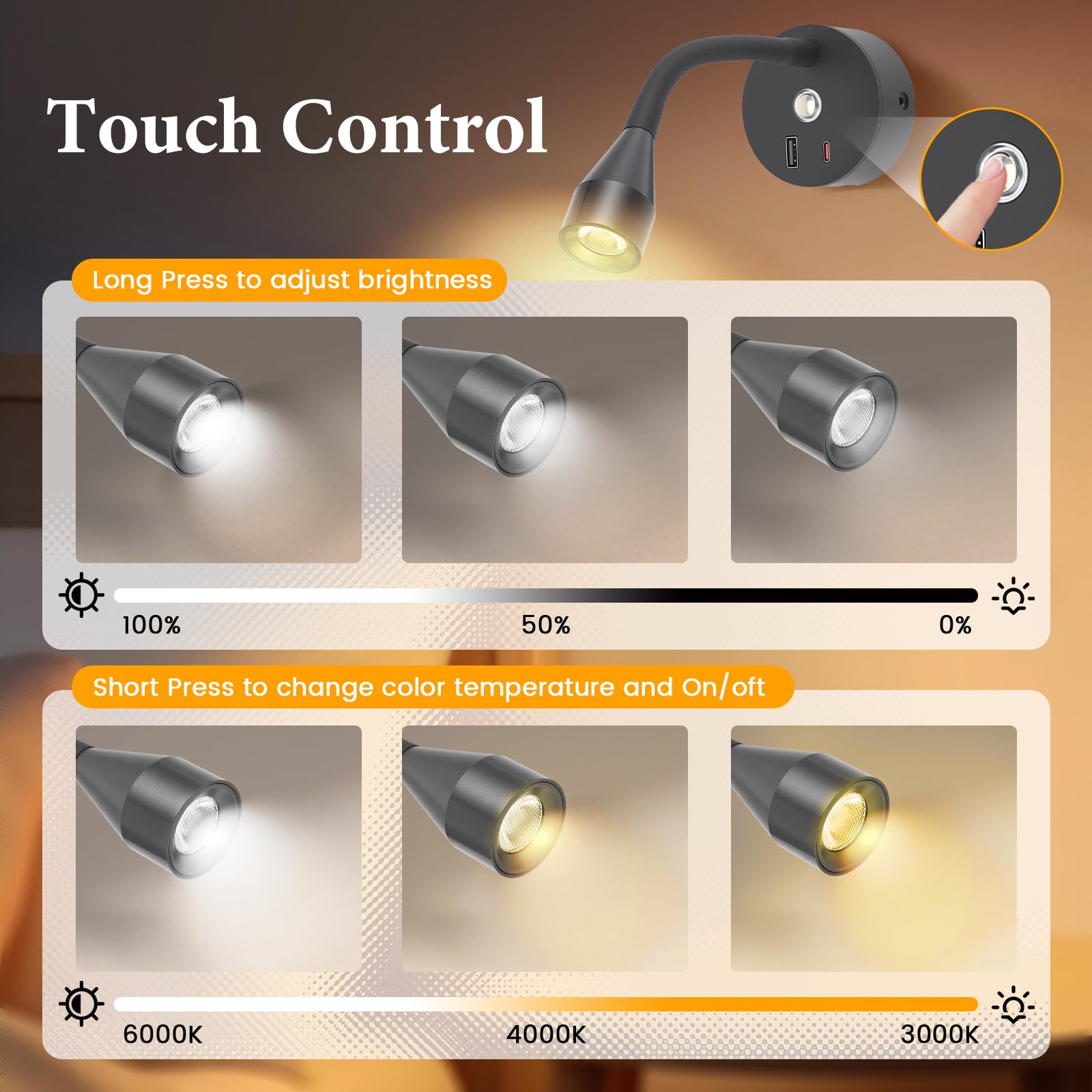 2 Piezas Luz de Lectura LED para Camper, 12V Lámpara de Lectura con Cargador USB & Type-C, Flexible Lámpara Foco de Pared para Autocaravana Furgo Barco (Negro)