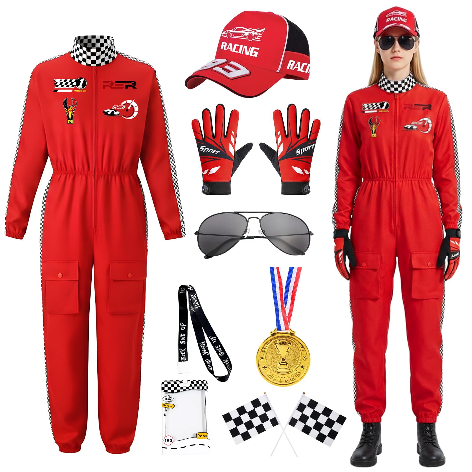 Disfraz de Piloto de Carreras para Mujer, Mono con Guantes, Gorro Y Gafas de Sol, Adulto Juego de Rol Disfraces, Traje Completo de Piloto de Carreras para Carnaval Fiestas Halloween