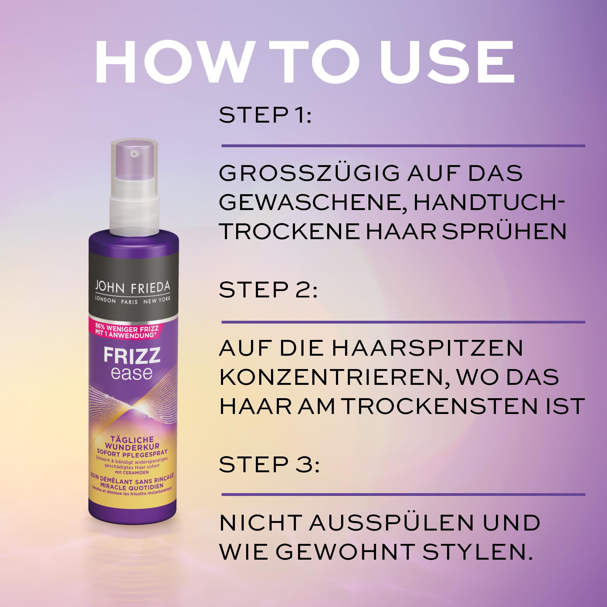 John Frieda Frizz Ease Wunder 4-częściowy zestaw naprawczy – szampon, odżywka, spray do pielęgnacji i maska na oczy MegRhythm – program dobrego samopoczucia do domu