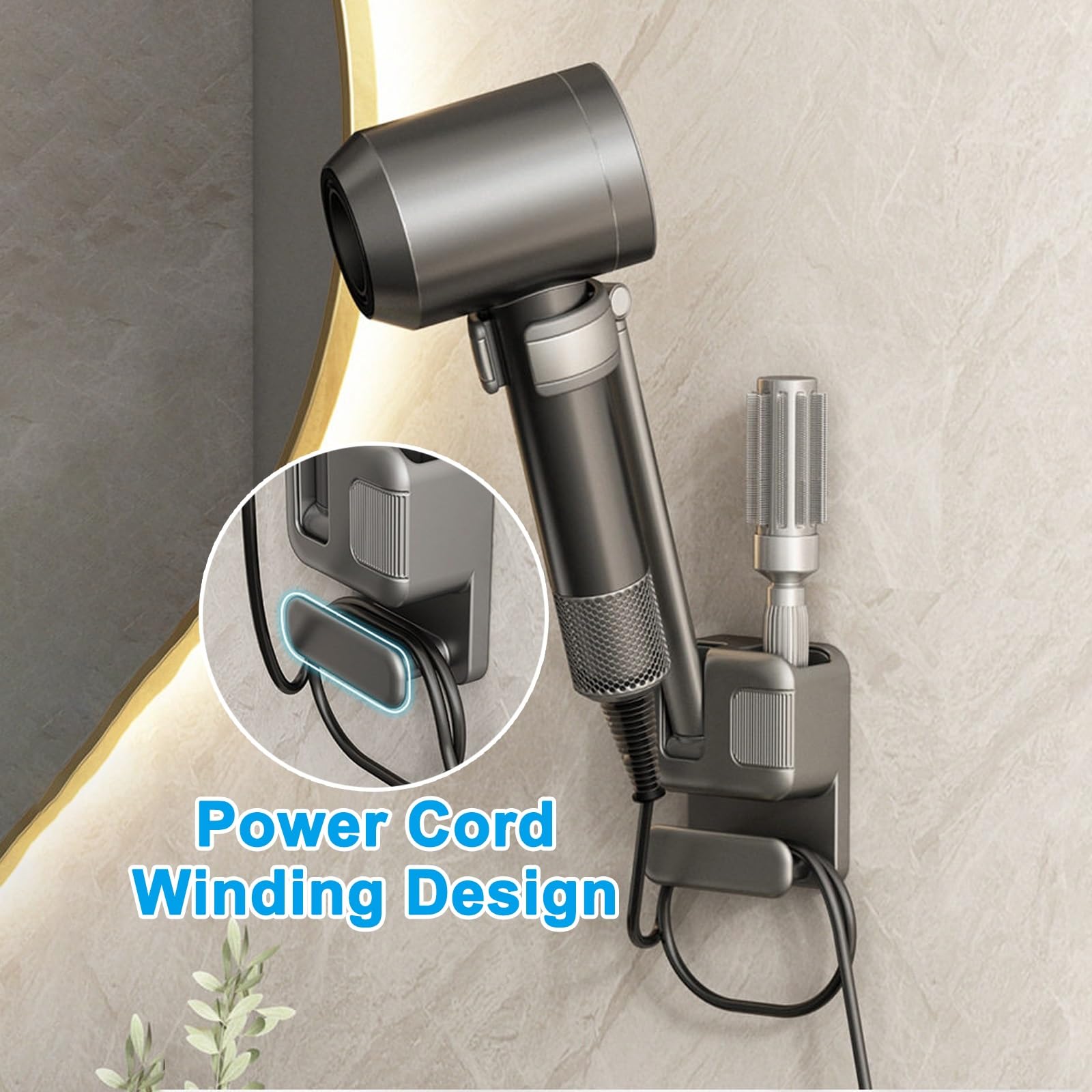 Soporte Secador de Pelo Manos Libres, Ángulo Ajustable, Soporte de Pared para Secador de Pelo, No Requiere Perforaciones, para Baños y Tocadores(Gray)