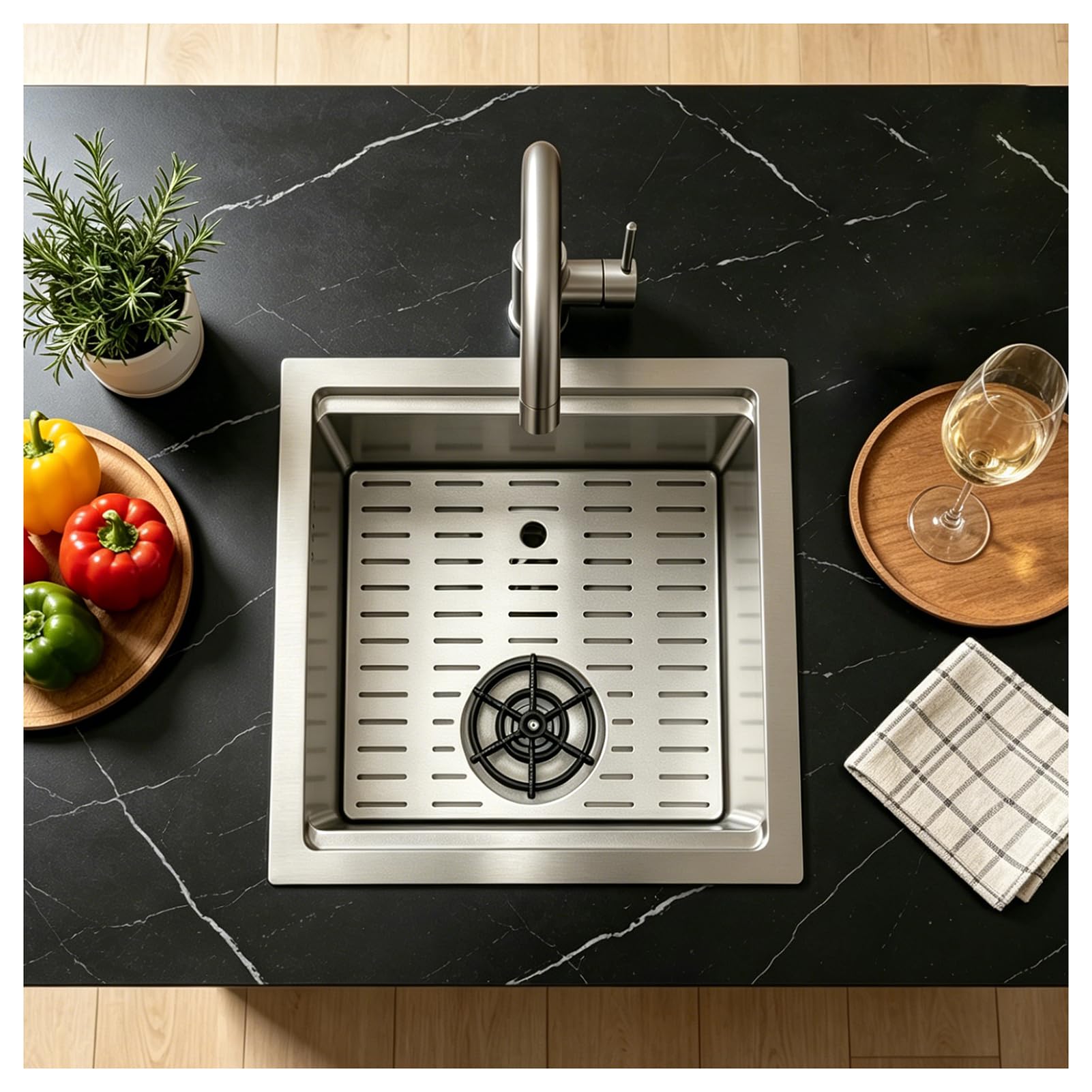 HZKSINNK 1 Basin Kitchen Sink Made of 304 Stainless Steel 38 x 38 cm - Compact Bar Sink with Cup Cleaner, Drain Button, Siphon and Drain Pipe. Ideal for Bar, Pub, Motorhome