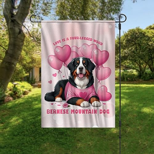 Miniatura 3 de Love is a Four-Patas Word Bernese Mountain Dog Día de San Valentín Bandera de jardín lona 12x18 pulgadas Berner Lover Idea de regalo Merch