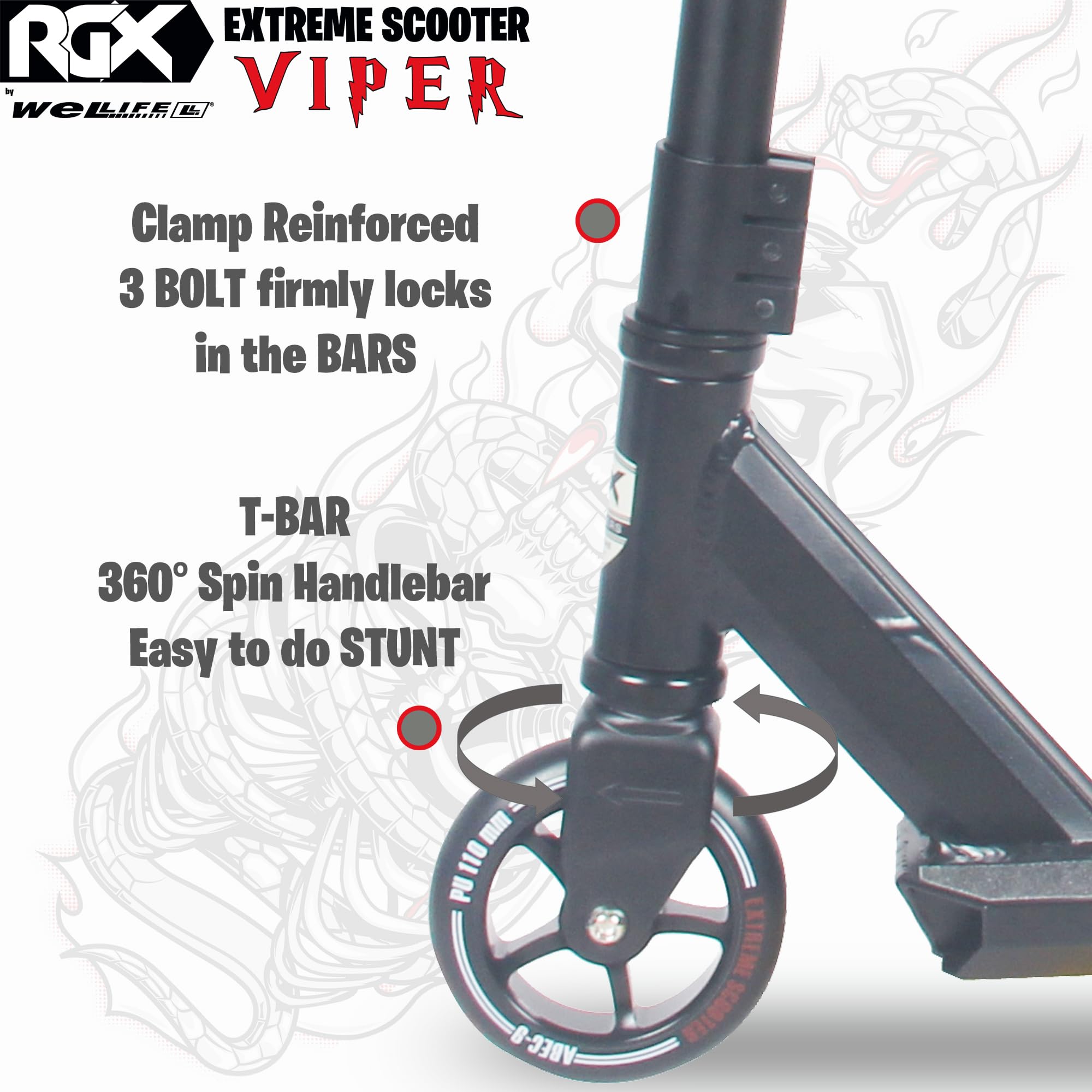 WeLLIFE Viper Trottinette de freestyle, avec système de connexion HIC, roues en polyuréthane de 110 mm avec jante en aluminium, roulements à billes ABEC 9RS, guidon à rotation à 360°, plateforme renforcée pour enfants/adultes