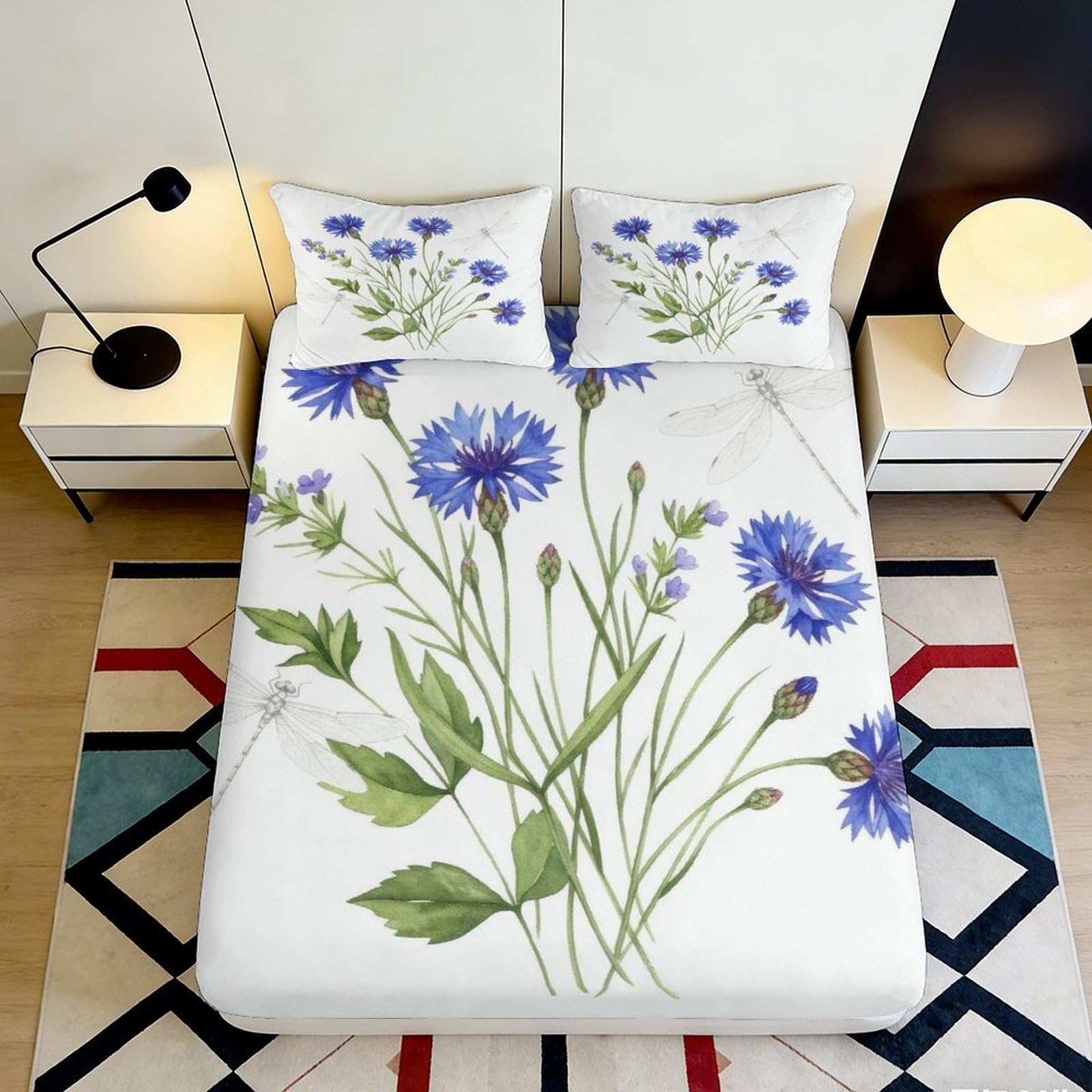 3D Printed Blue Cornflower Fitted Sheet Microfiber Soft Breathable Dragonfly Bed Cover for Bedroom Dormitory Guest Room Mattress Protection 180x200x25cm