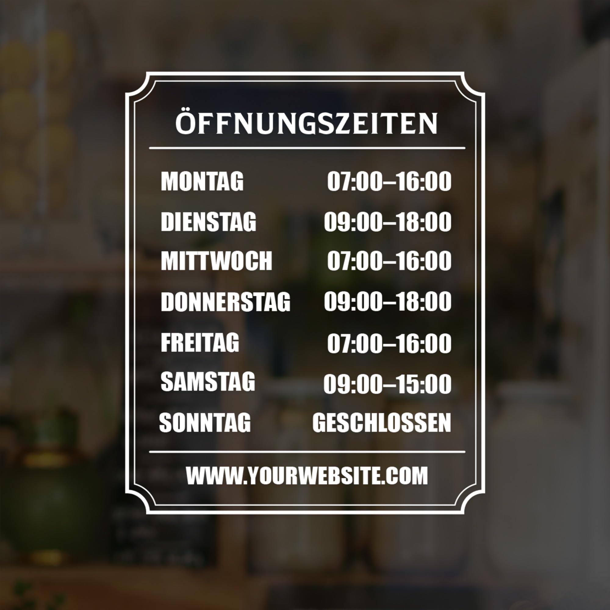 Öffnungszeiten Aufkleber Schaufenster mit Rahmen 23x30 cm – Wunschtext Fensterfolie Schaufensterbeschriftung – wetterfest weiß für Glastür Geschäft Laden – Made in Switzerland