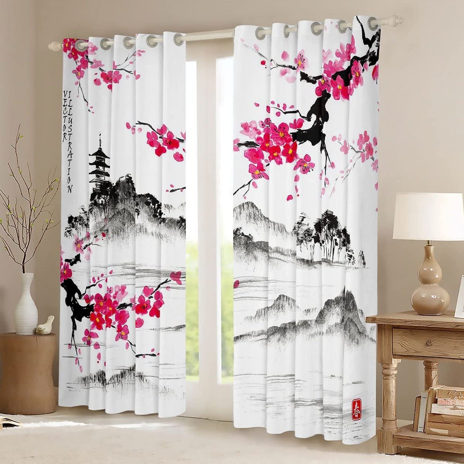 Rideau Occultant 3D La Floraison des Cerisiers Japonais, Rideaux Polyester pour Adultes Enfants, Rideau Thermique Isolant Anti Froid pour Chambre à Coucher et Salon 2X L117cm x H230cm
